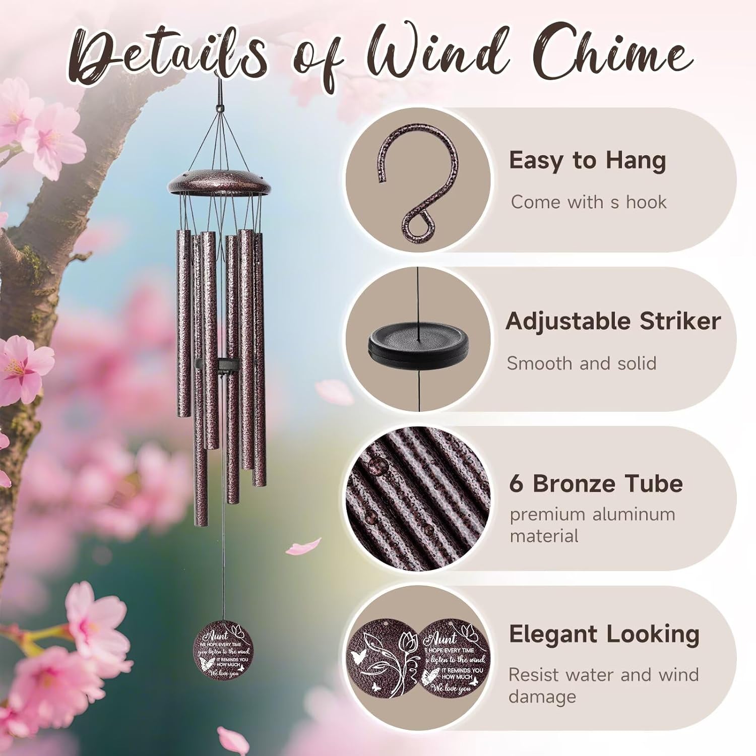 Gifts for Aunt, 25''Wind Chimes, Birthday Gifts for Aunt from Nephew Niece, Best Aunts Ever Gift for Women,Thanksgiving,Christmas Day Gift Ideas for Love Rreminder. - Image 5