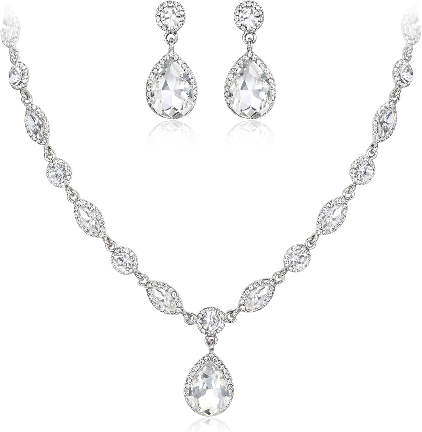 EleQueen Women's Wedding Bridal Jewelry Set for Brides Bridesmaids, Crystal Teardrop Necklace Dangle Earrings Jewellery for Party Prom