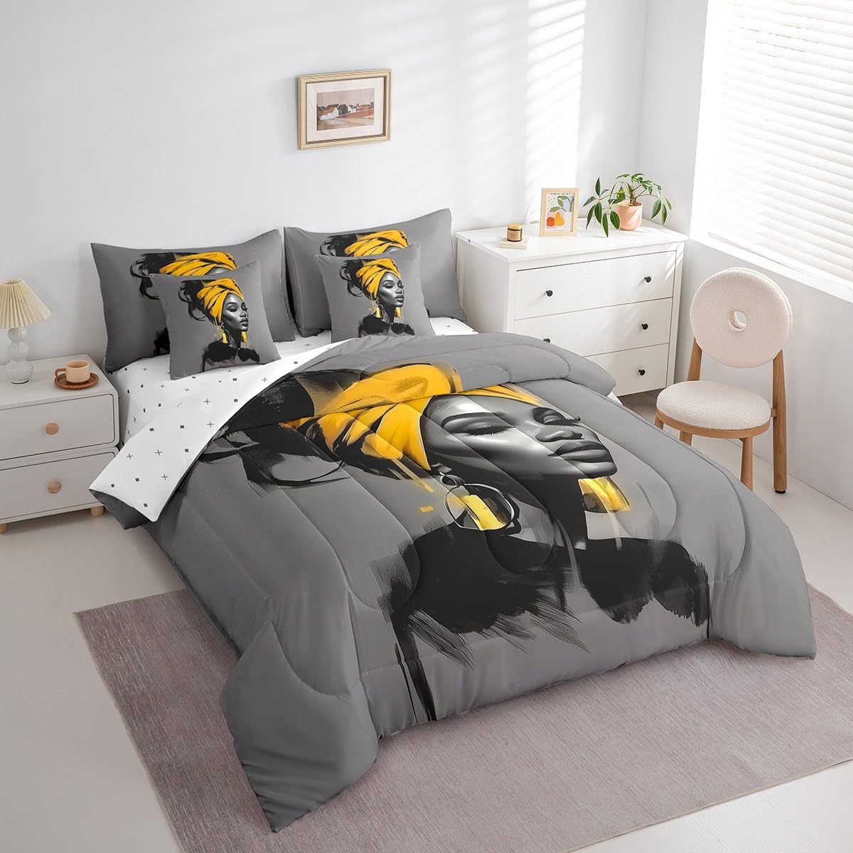jejeloiu Black Women Comforter Set with Sheets Queen Size African American Woman 7 Piece Bedding Set All Season Teens Yellow Abstract Bed in A Bag Breathable Soft Lightweight Modern Room Decor