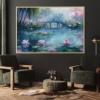 Amazon.co.jp: 絵画 池にかかる小さな橋の眺めインテリア 絵画 美しい
