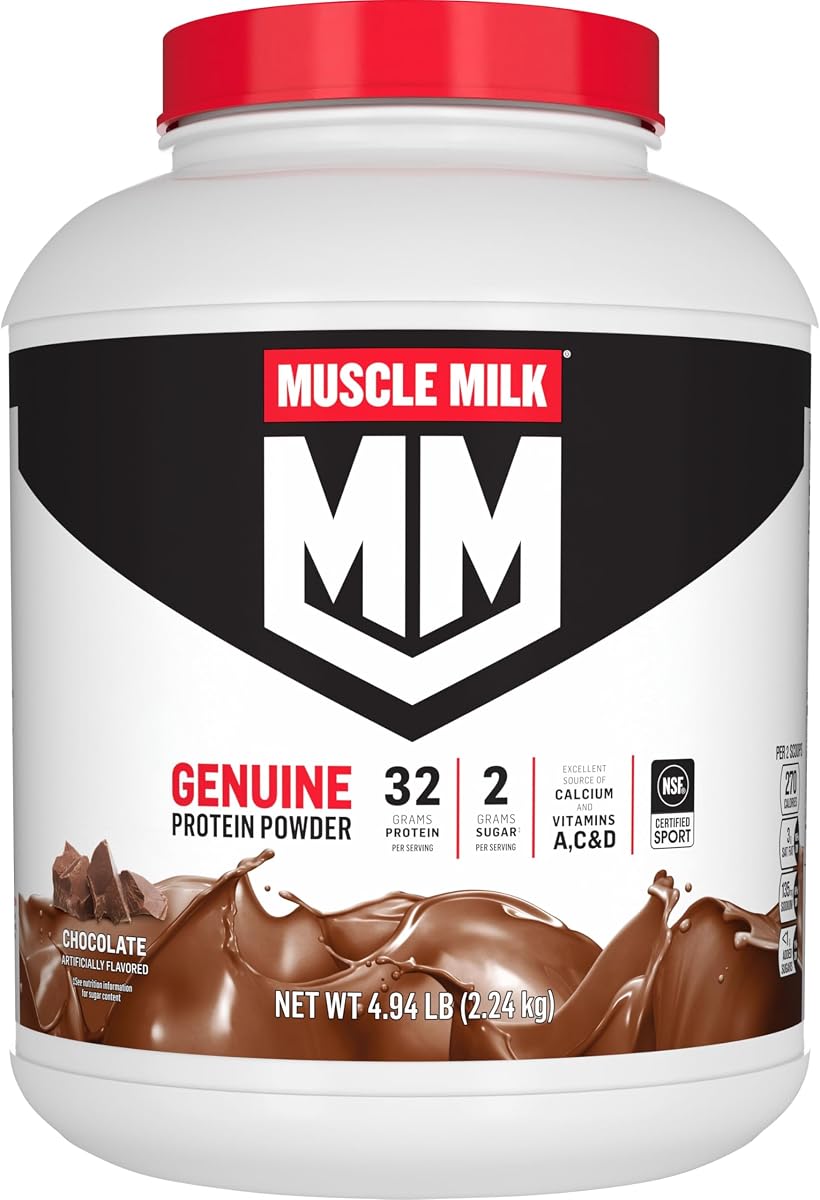 Proteína en polvo genuina, chocolate, 4,94 libras, 32 porciones, 32 g de proteína, 2 g de azúcar, calcio, vitaminas A, C y D, certificación NSF para deportes, refrigerio energizante, el empaque puede variar