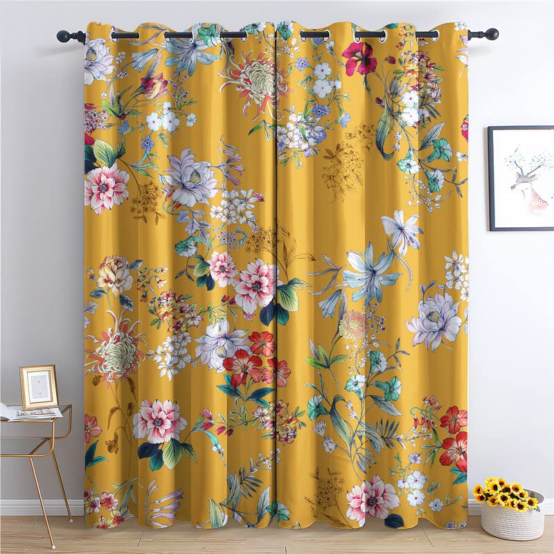 Rideau Occultant Fleur, Motif Rideaux Thermiques à Oeillets, Rideaux Imprimé pour Salon Chambre Fenetre Moderne Décoration, 140x240 cm (L x H), Lot de 2