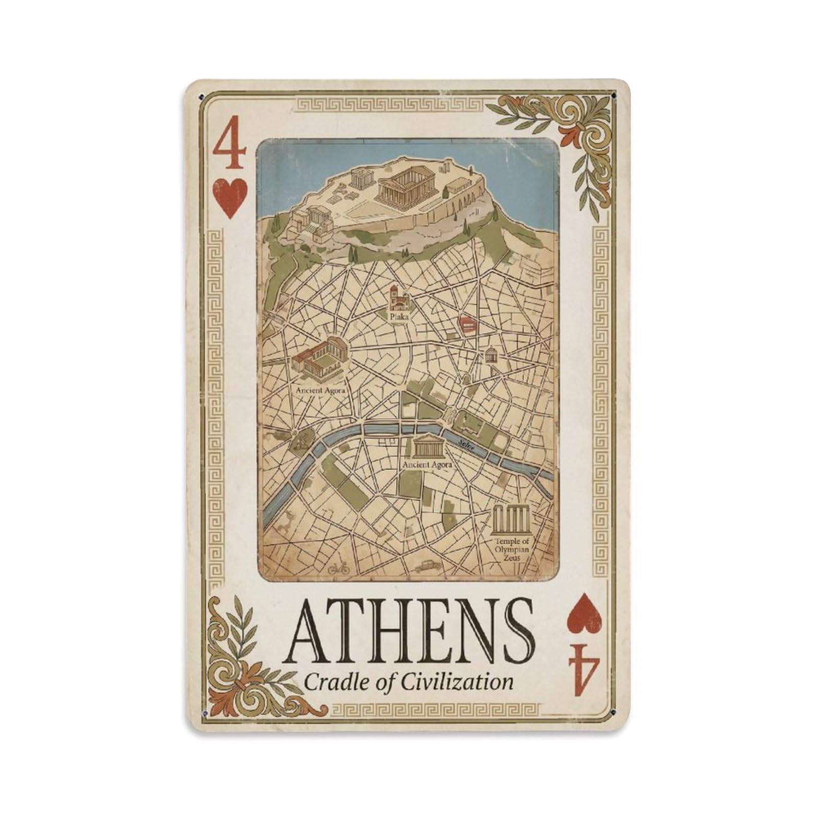 Okngb Style Athens Acropolis Greece Vintage Travel Map Card Cityscape Metal Tin Sign Plaque Wall Decor For Cafe, Man Cave, Club Bar, Office, Home Garden Round Metal Poster 8X12inch