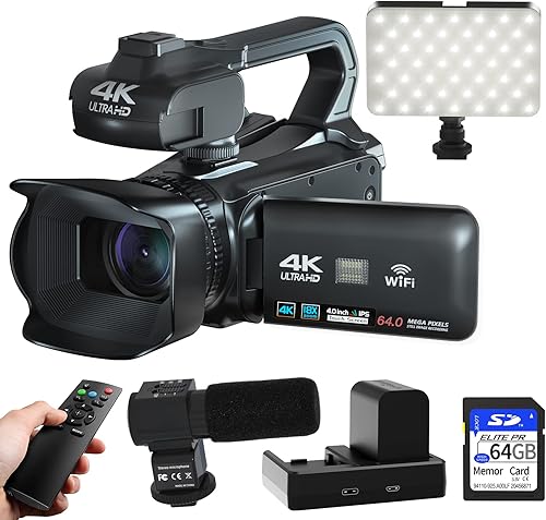 WIKICO Videocámara de video 4K 64MP con enfoque automático para YouTube con WiFi, micrófono, pantalla táctil de 4.0 pulgadas, asa, luz de llenado de