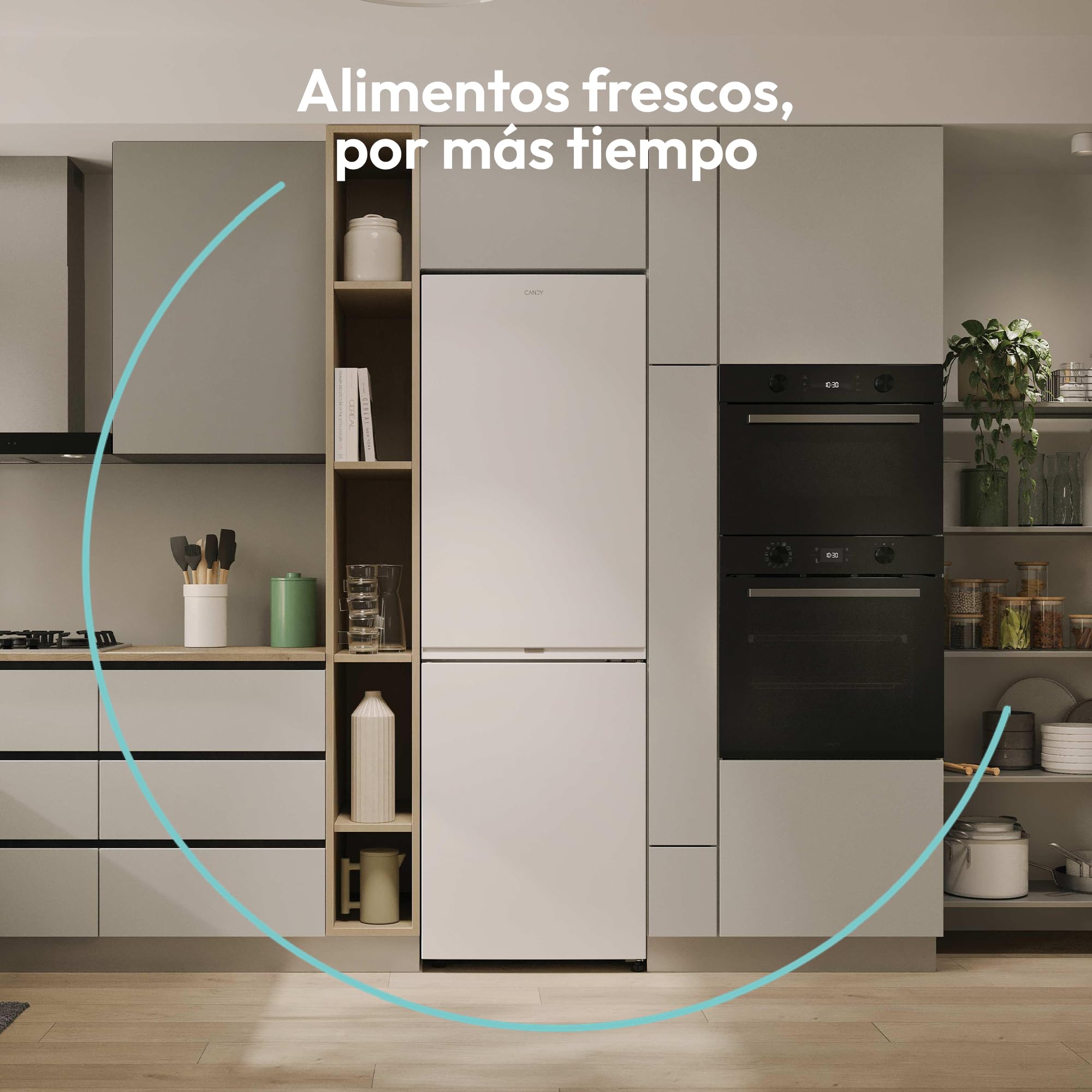 Candy Fresco 300 CNCQ2T618CW, Frigorífico Combi, Capacidad 355L, Total No Frost Circle+, Cajón Verdulero, Control Electrónico de temperatura, 60x185cm, Iluminación LED, Puerta Reversible, 38DB, Blanco