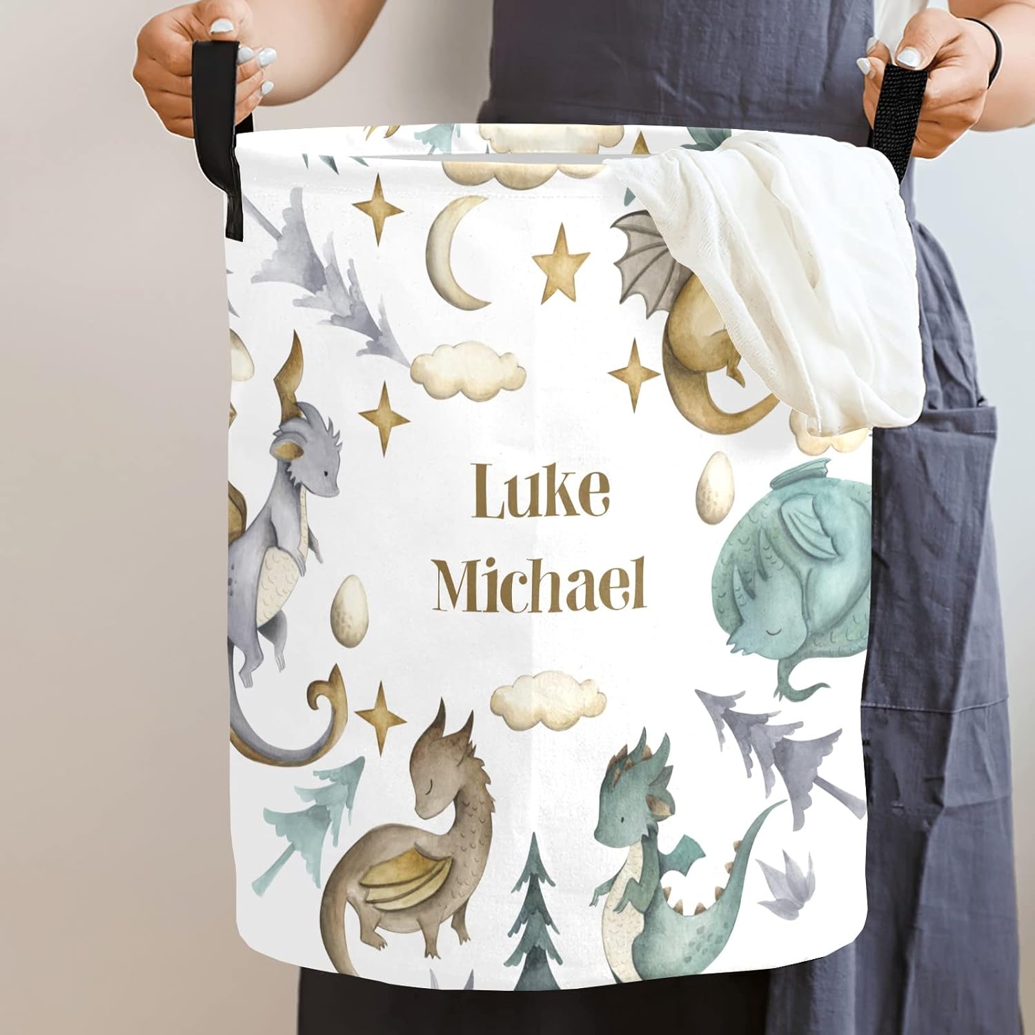 Custom Ancient Animals Dragon Watercolor Laundry Basket Hamper for Clothes Storage Basket for Blanket in Living Room Toy Basket for Nursery Storage