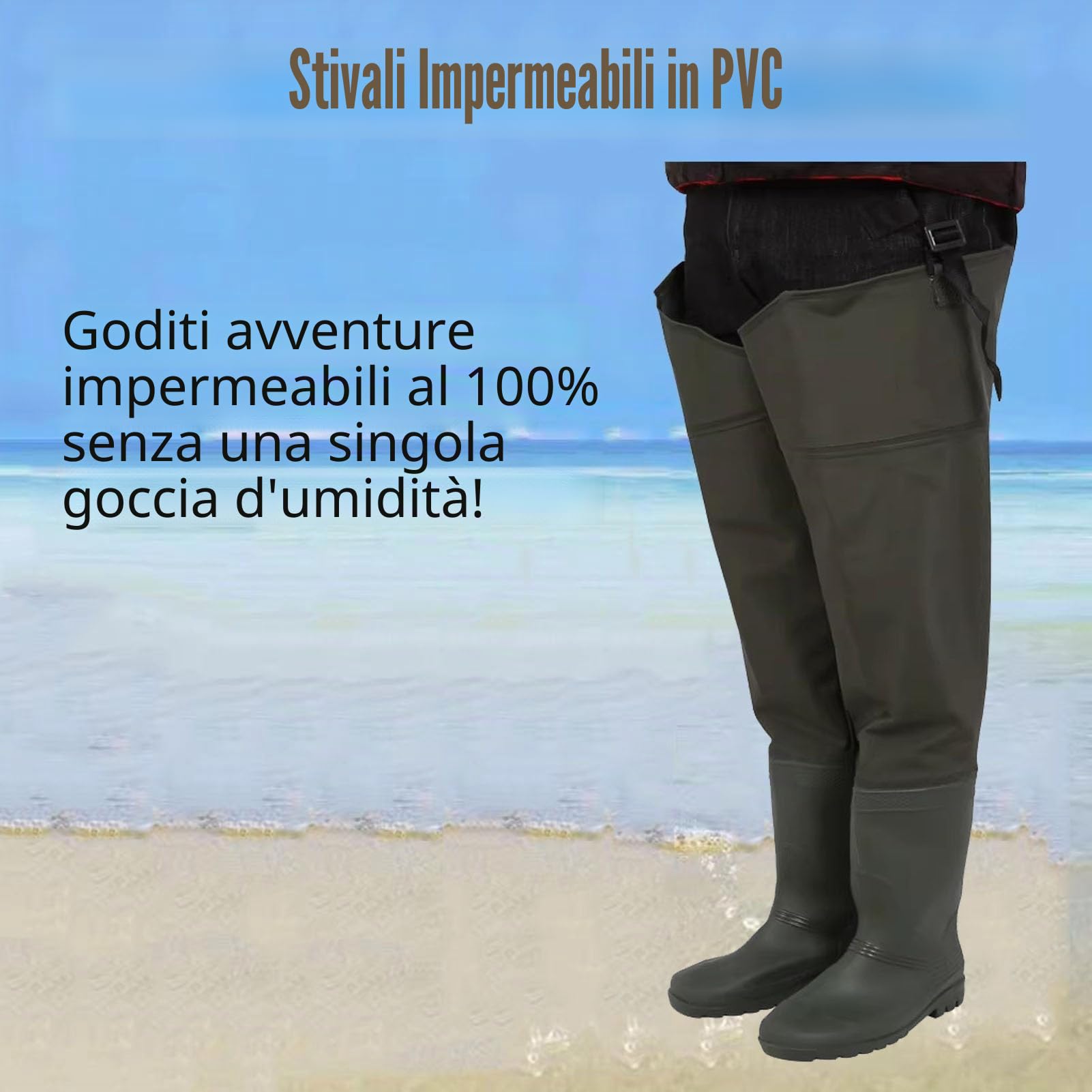 Stivali da Pesca a Mosca Leggeri per Uomo in PVC Alte 80 cm con suola antiscivolo
