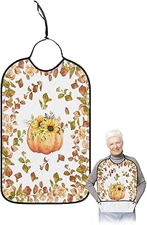 Kewadony Adult Bibs for Elderly Women - Thanksgiving Waterproof Dining Clothing Protectors with Crumb Catcher for Eating/Feeding, Fall Pumpkin Sunflower Rose Leaves Orange Terry Cloth Bib Washable