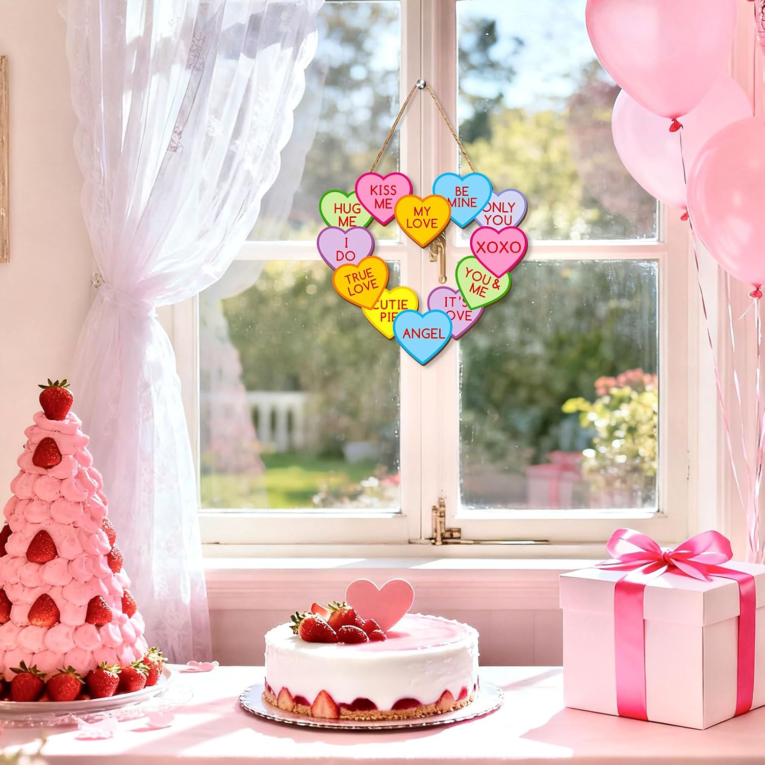 Whaline Valentine's Day Wooden Hanging Sign Conversation Heart Welcome Wood Sign Colorful Heart Door Decor Signs for Indoor Outdoor Porch Wall image 4