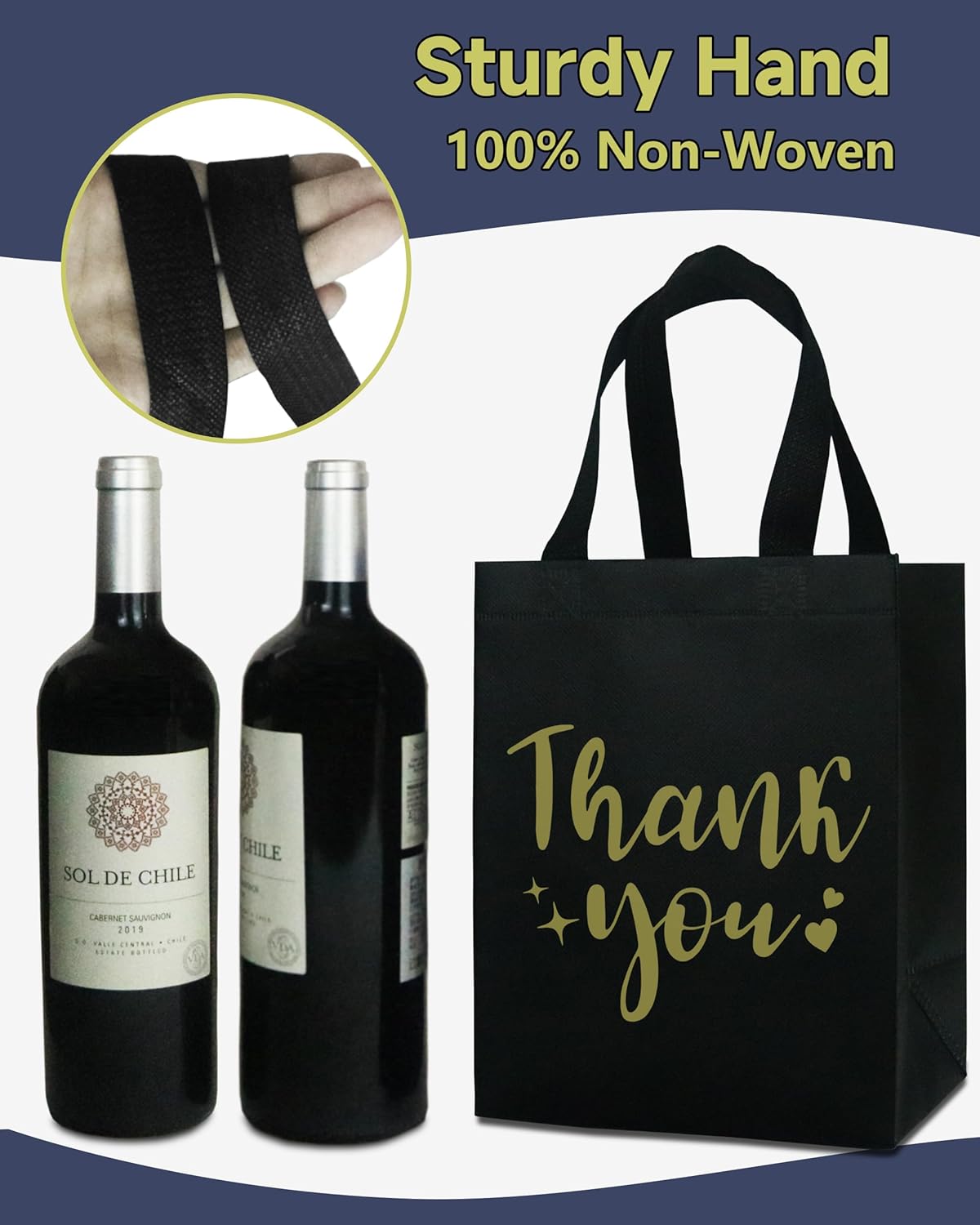 12 Black Thank You Gift Bags - Sturdy, Reusable, Medium 8x5x10 with Handles, Non-Woven for Weddings, Teachers, Father's Day, Parties, Birthdays & Graduations - Image 6