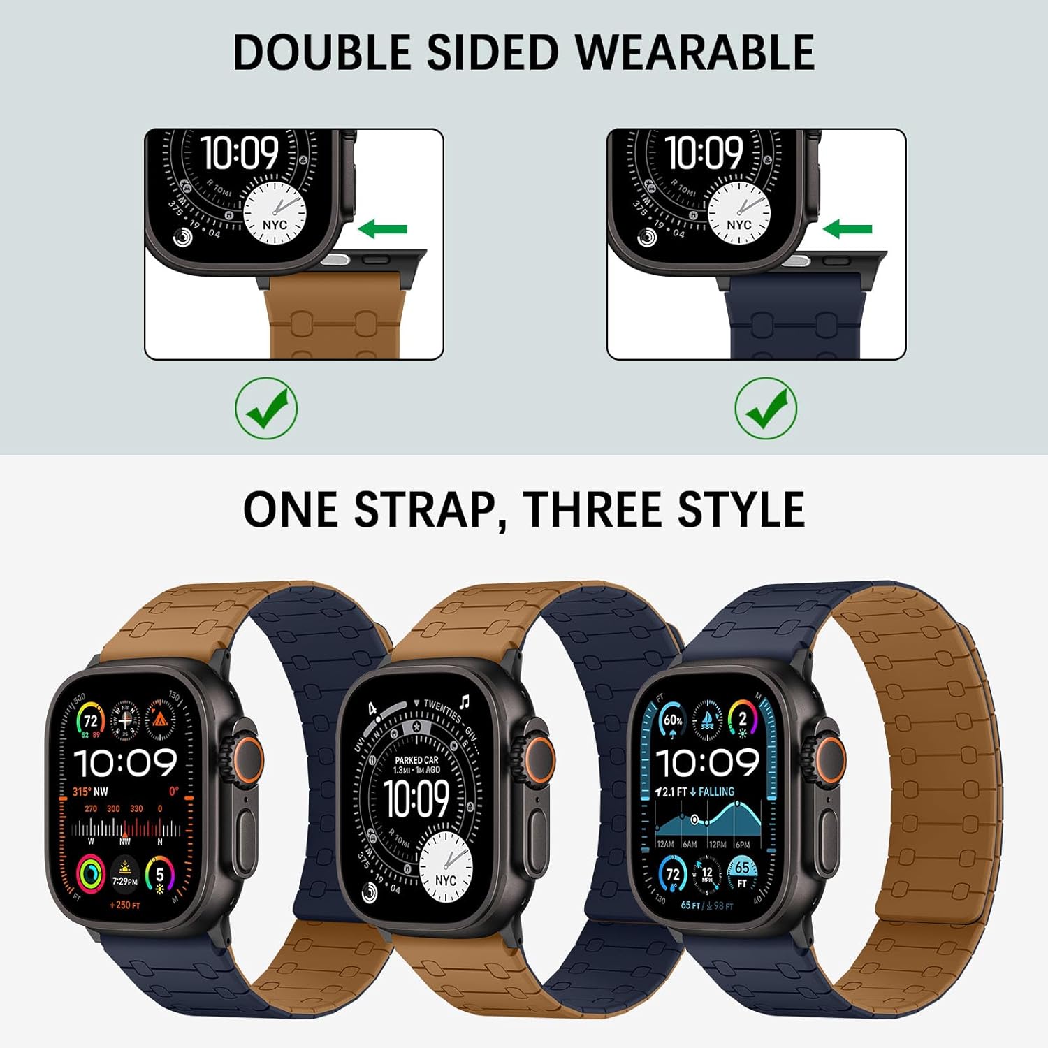 Double Sided Wearable Magnetic Band Compatible with Apple Watch Band 49mm 46mm 45mm 44mm 42mm for Men Women, Soft Silicone Strap for iWatch Ultra SE Series 11 10 9 8 7 6 5 4 3, Brown-Indigo - Image 2