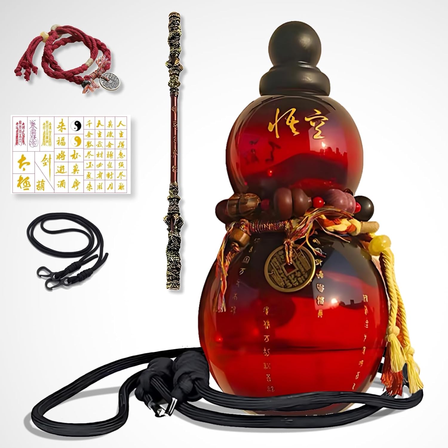 Monkey King Gourd Water Bottle,28 oz Reusable Leakproof Sports Plastic Water Bottle,for Travel Gym,Cosplay Props Decoration,with Straps,Stickers (red)