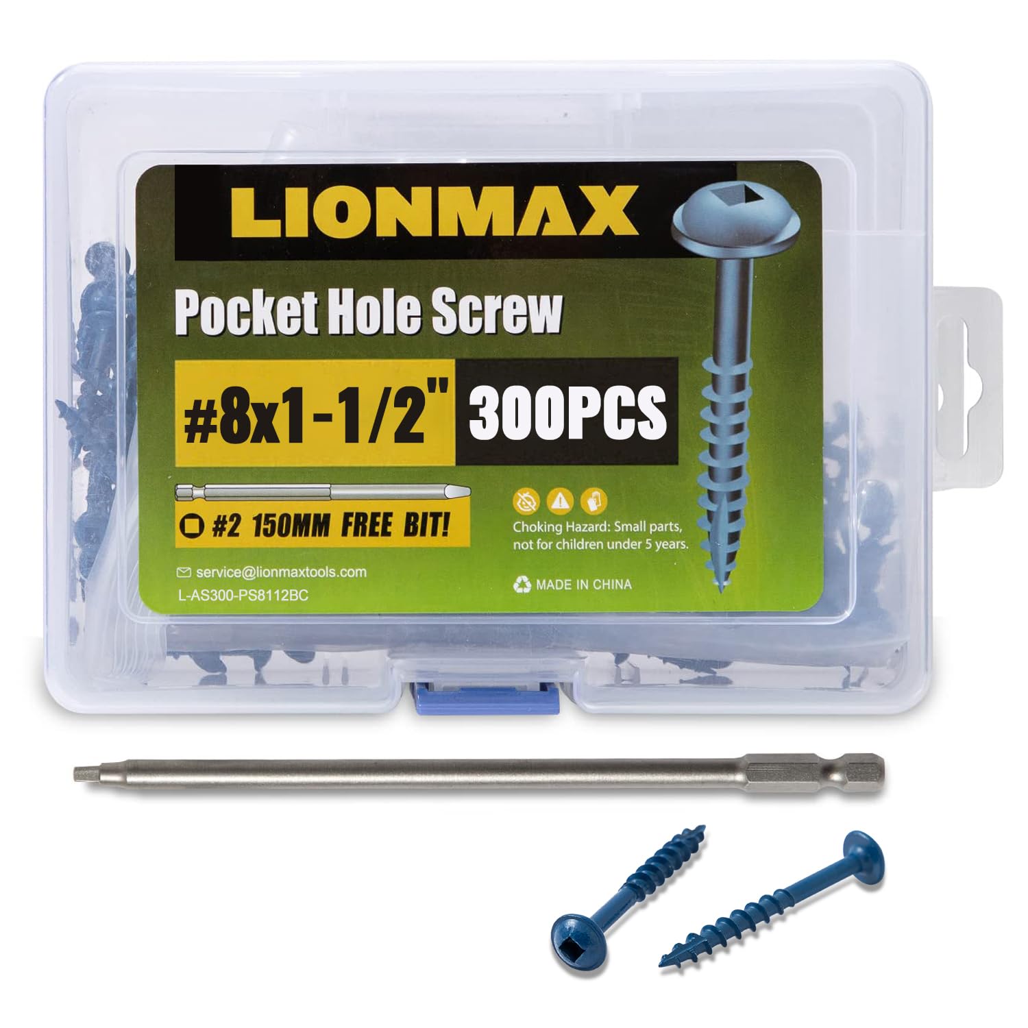 LIONMAXPocket Hole Screws 1-1/2 Inch, 300 PCS Exterior Pocket Screw #8 x 1-1/2", Coarse Thread, Square Drive, Blue Coated Weather Resistant Pocket Hole Screws, 150MM Drive Bit Included