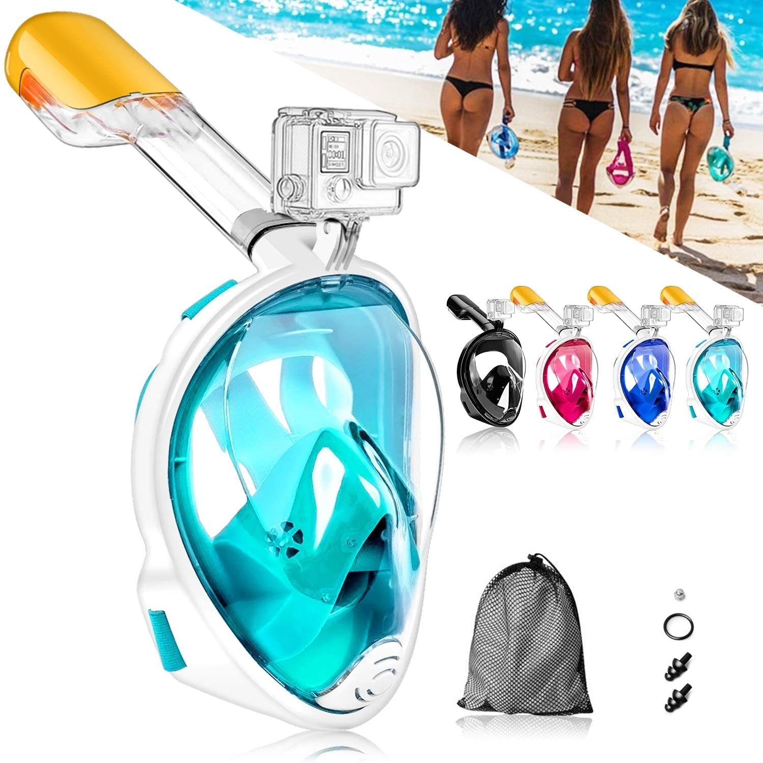 Snorkel Mask,180°View Full Face Diving Mask for Adults and Youth,Anti-Fog, Anti-Leak Easy Breathing Swimming Mask (Pack of 1 L/XL)