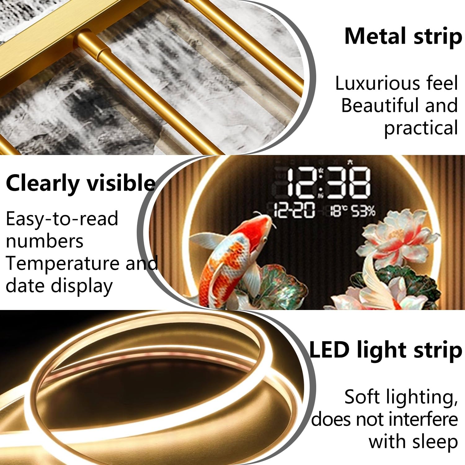 Grande orologio da parete decorativo 3D, design silenzioso senza ticchettio con luce LED, visualizza temperatura e data, ideale per camera da letto, soggiorno e ufficio