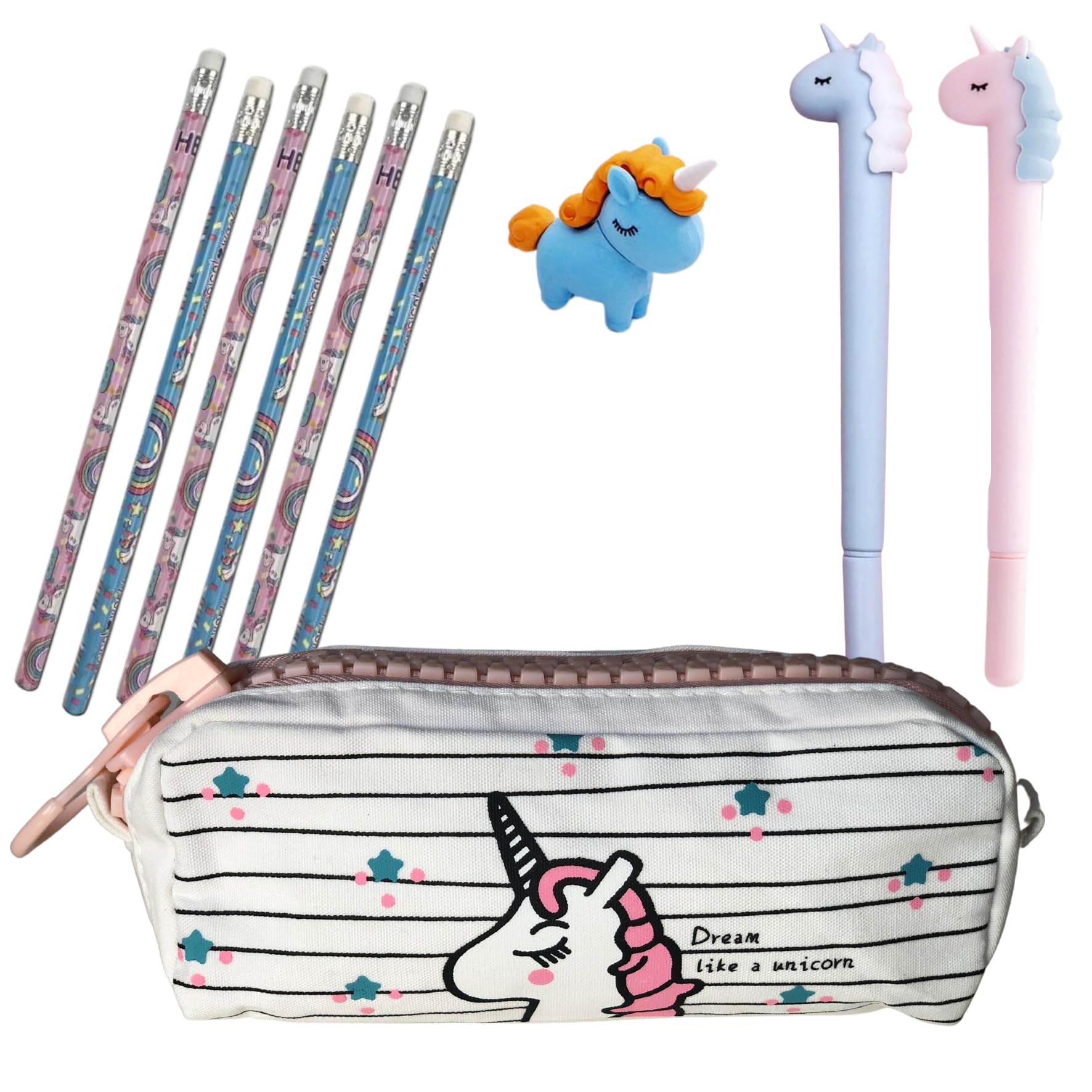 Estuche Escolar Unicornios - Regalo para Niña 6 7 8 9 Años - Set de Papeleria con Lápices, Goma y Bolígrafos - Cremallera Grande y Gran Capacidad - Regalo Original Cumpleaños Unicornio (Blanco)