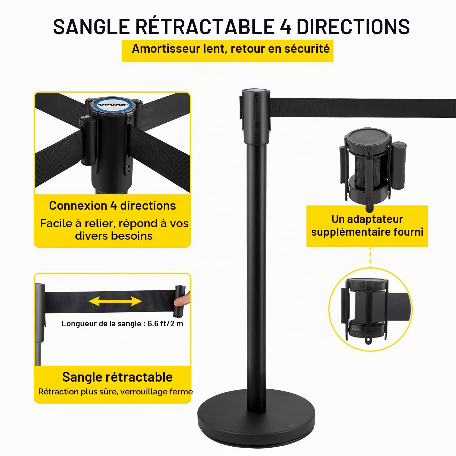 VEVOR Poteau de guidage, 4 pcs, barrière de balisage pour contrôle de foules avec sangle rétractable noire 2 m, ruban de barrière, support de barrière avec base en béton et métal, pour théâtre, hôtel