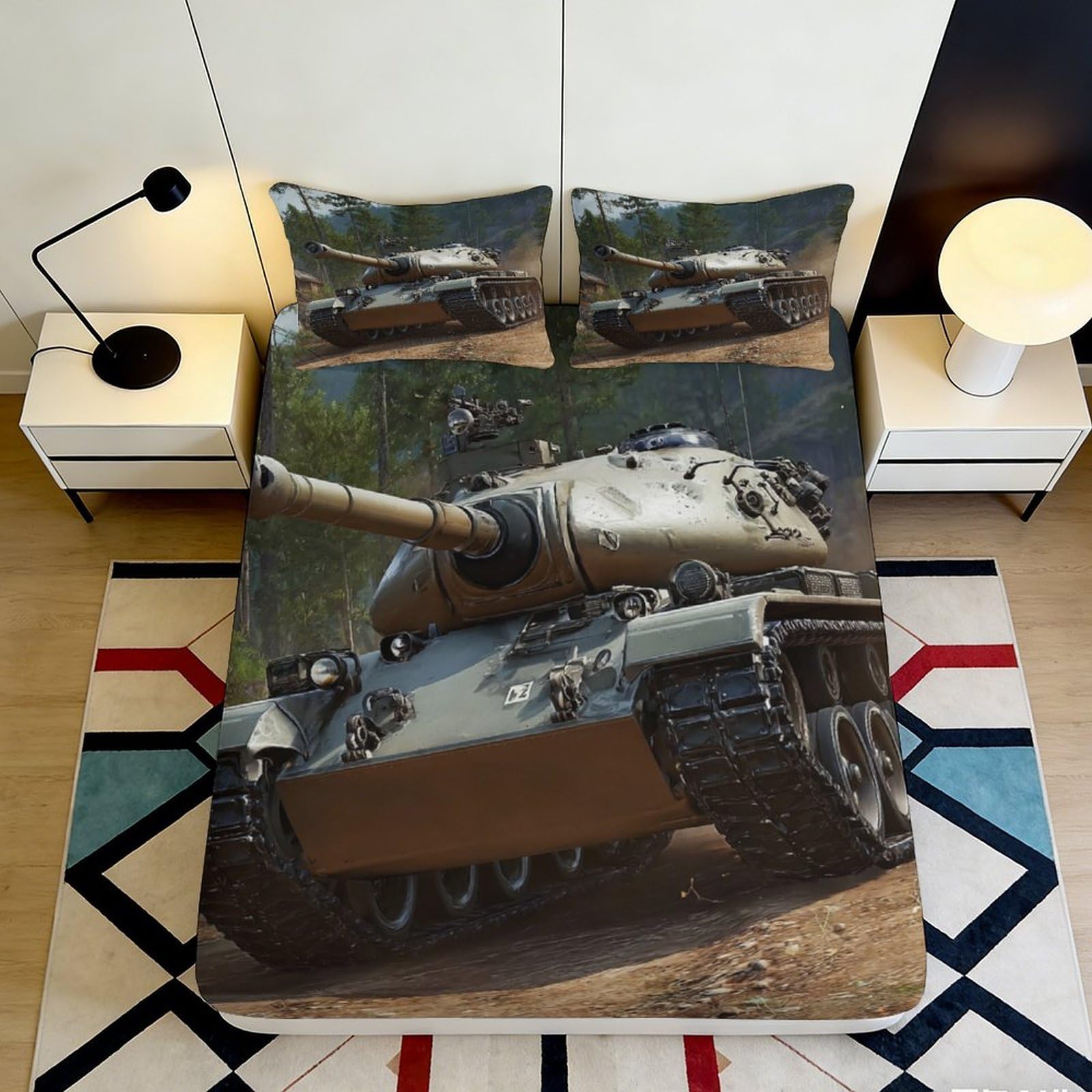 3D Printed Military Tank Fitted Sheet Microfiber Non-Slip Soft Camouflage Bed Cover for Bedroom Dorm Protection Decor 90x200x25cm