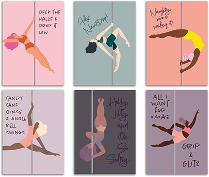Ritzy Rose 24 Pole Dancing Christmas Cards in 6 Modern Multicultural Illustrations with Envelopes