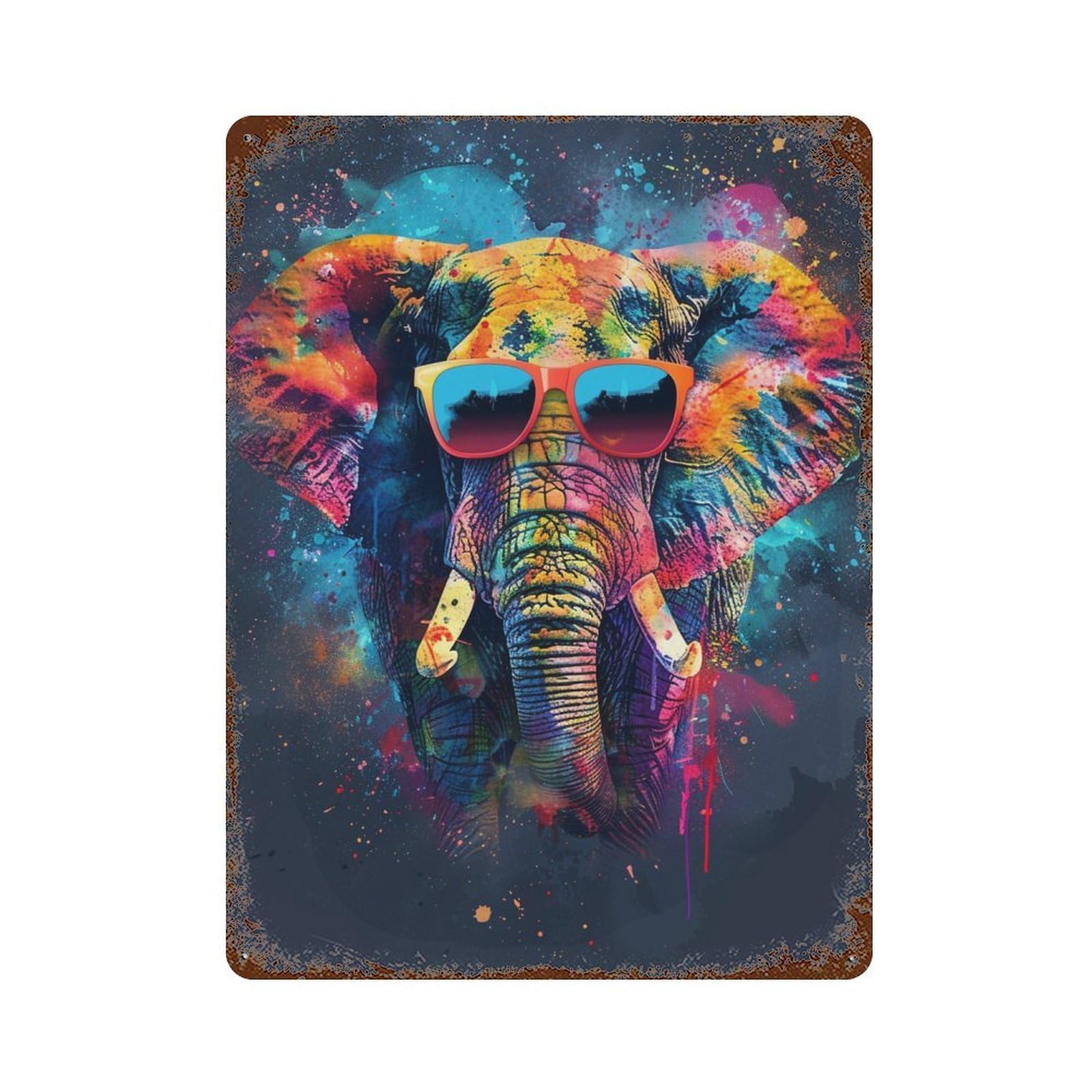 Colorful Elephant Art Print-12 Rustic Tin Plaque 15.7"x11.8", Novelty Wall Decor for Garage, Pub Or Kitchen