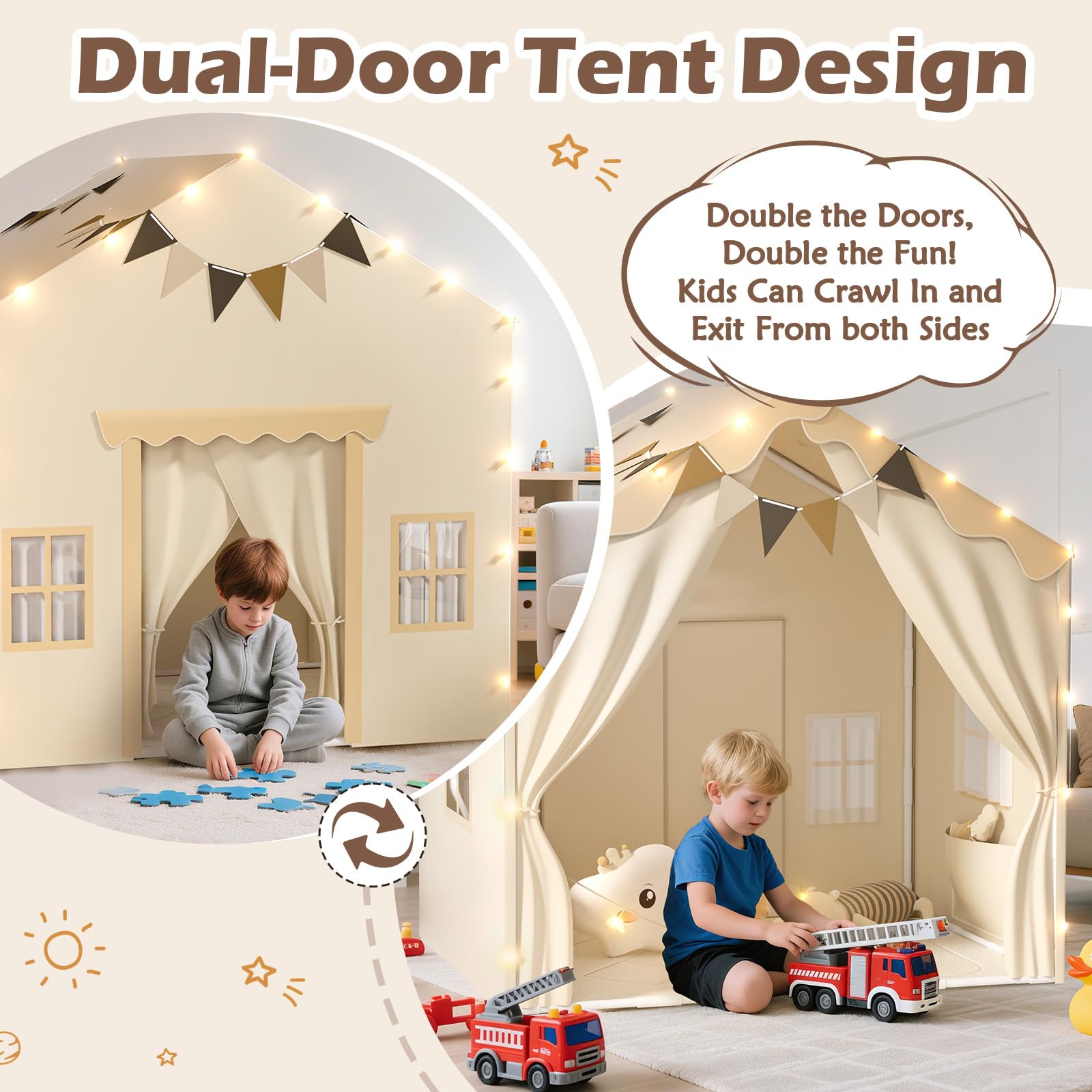 EagleStone 2-in-1 Kinderzelt mit Sternenlicht & gepolsterter Matte, Spielzelt und Bettzelt für Kinder Indoor & Outdoor, 2 Türen, 4 Fenster, 2 Seitentaschen, Geschenk für Jungen & Mädchen ab 3 Jahre