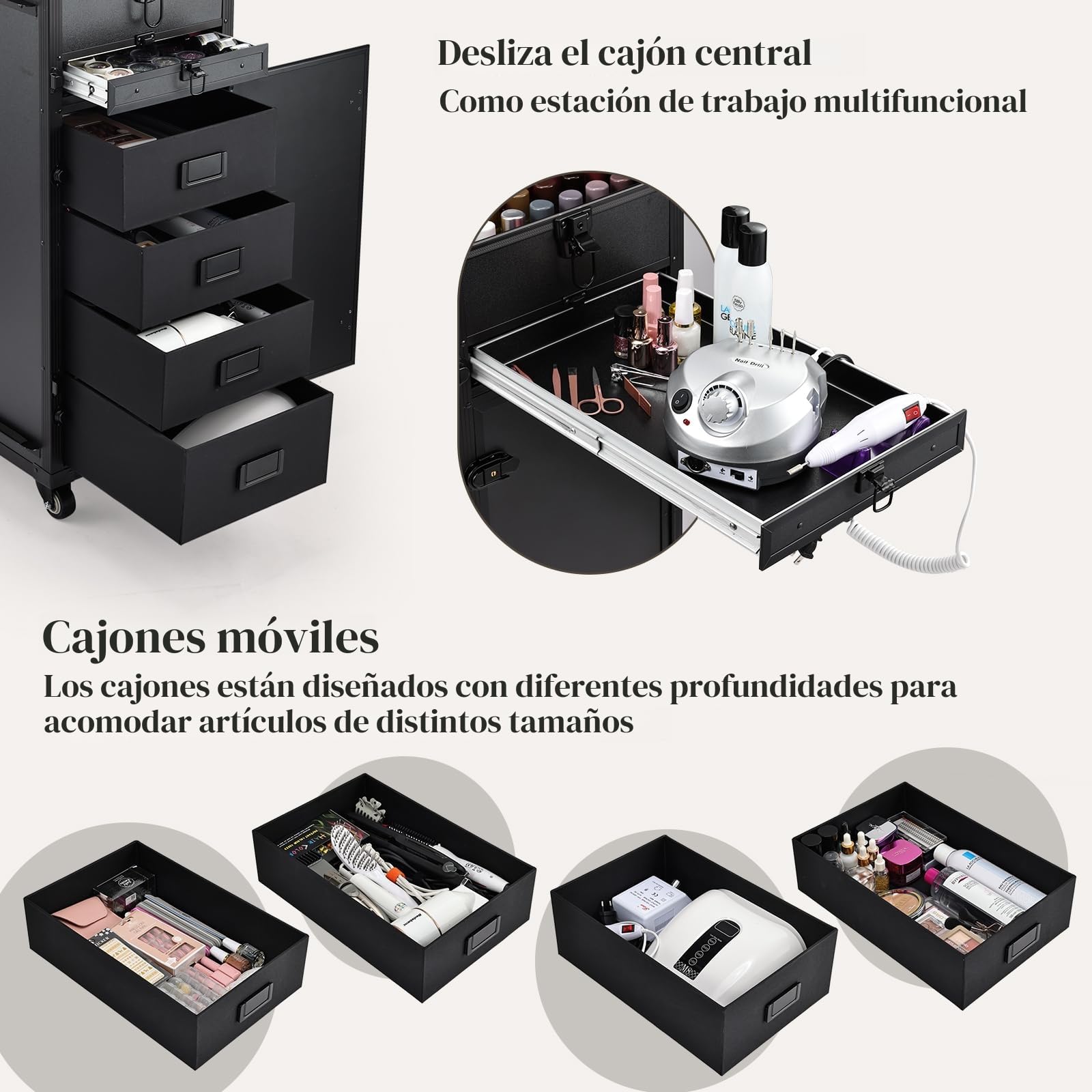 Maleta de Maquillaje con Mesa y 5 cajones Maletín de Maquillaje Profesional con Ruedas Caja Maquillaje Maleta Peluquería Grande Mesa de Manicura móvil Trolley Maquillaje, Negro
