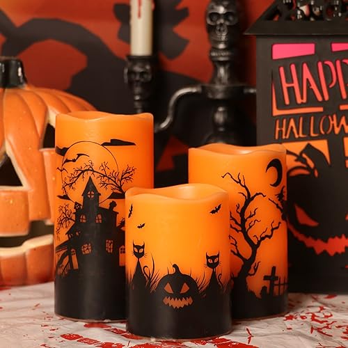 Miniatura 4 de Wondise Velas parpadeantes sin llama de Halloween con temporizador de 6 horas, velas LED de cera real que funcionan con pilas, juego de 3 regalos de