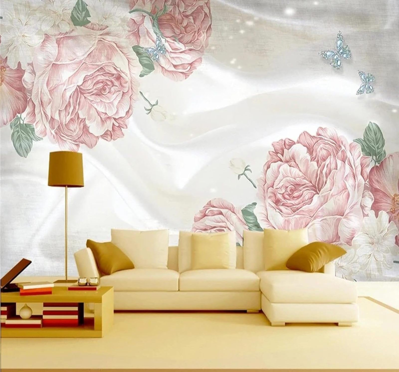 XLMING Beautiful Jewellery Pink Flowers Butterflies 3D Wallpaper Luxury Home Dining Decor Paste Sofa Living Room The Wall for Bedroom Mural-300cm×210cm