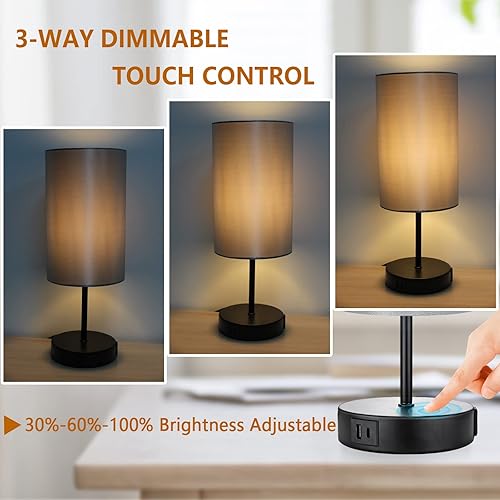Miniatura 3 de HiBay Lámpara de mesita de noche táctil de 17.75 pulgadas con puertos de carga USB y salida de CA, luz de mesita de noche negra rústica para
