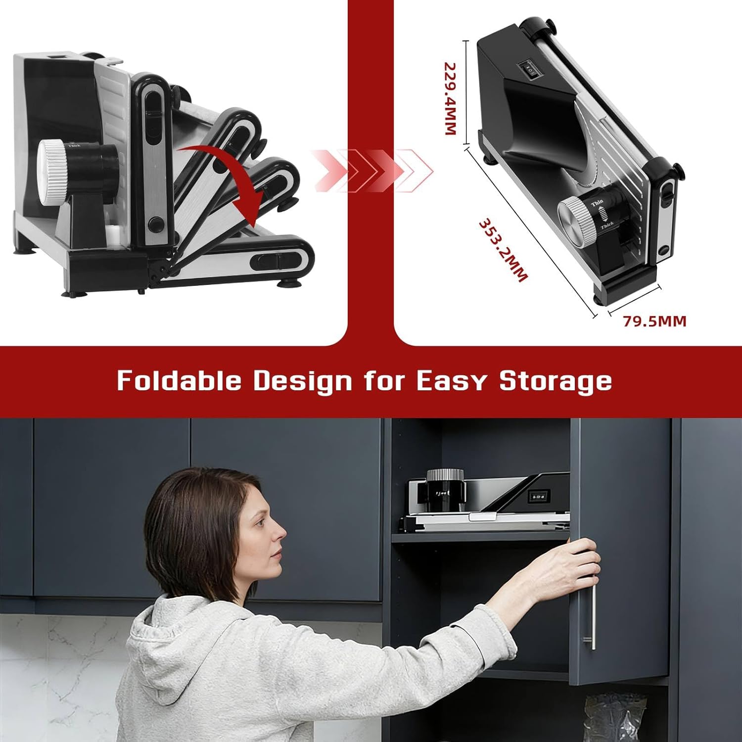 Meat Slicer Machine for Home, Foldable 120W Electric Jerky Food Slicer Adjustable 0-15mm Thickness for Frozen Deli Meat Cutter Cheese Bread Slicers, 7.5" Stainless Steel Blade & Food Pusher for Safety