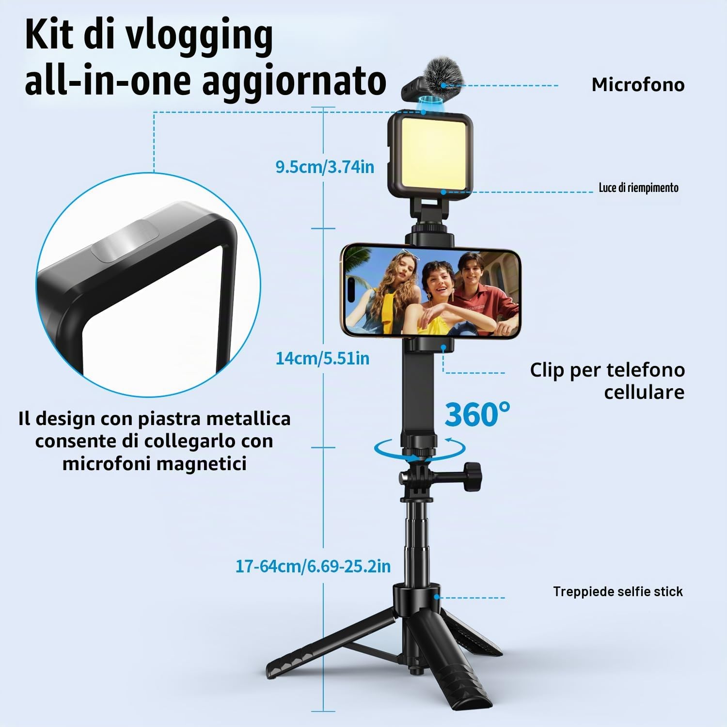 yAyusi Kit Vlogging per iPhone, Include Clip per Telefono, Luce di Riempimento, Microfono, Content Creator Kit per Interviste in Strada, Vlog, TikTok e Registrazioni Video su YouTube