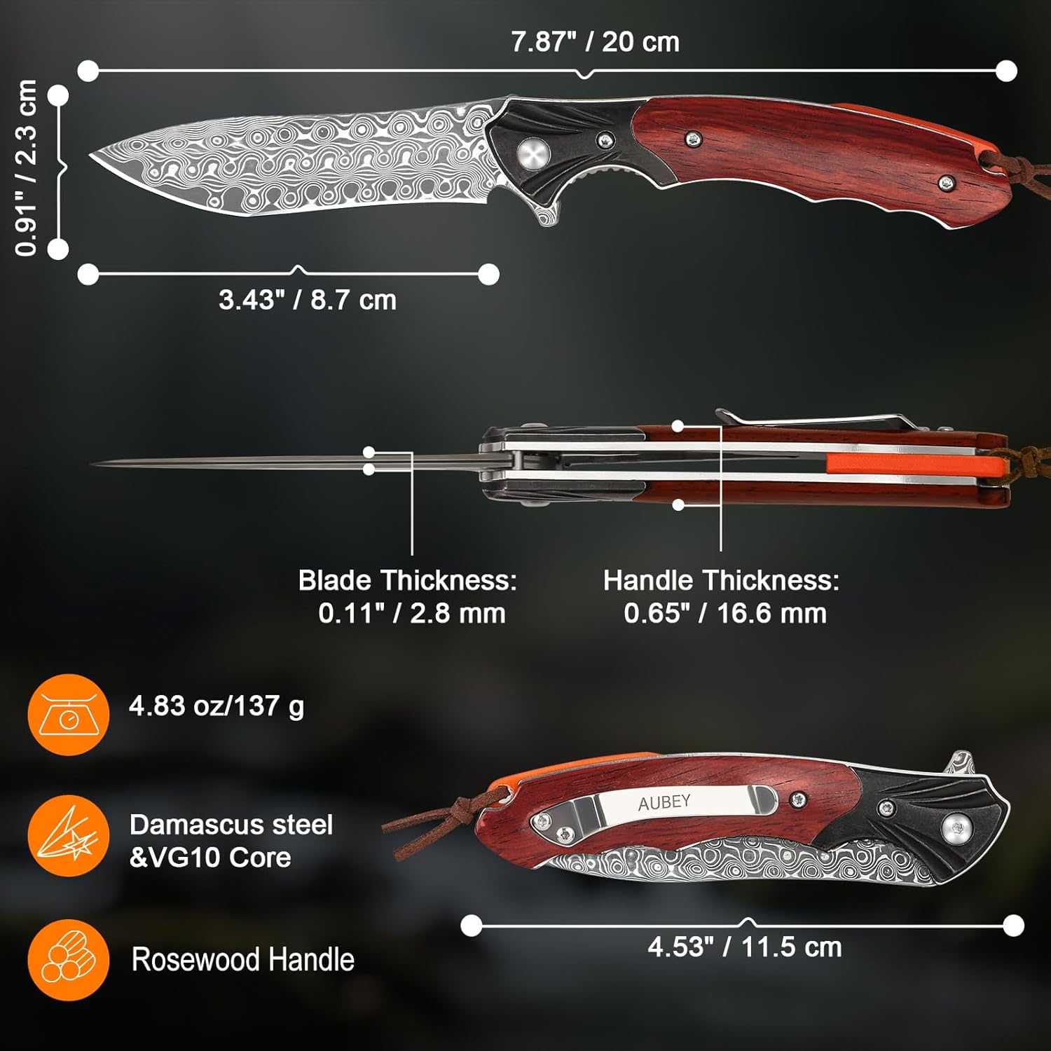 AUBEY Damascus Pocket Knife, Folding Knife with 3.43" Blade, Wooden Handle, Clip, EDC Knife for Outdoor, Hiking, Hunting, Gift/Collection for Men Women