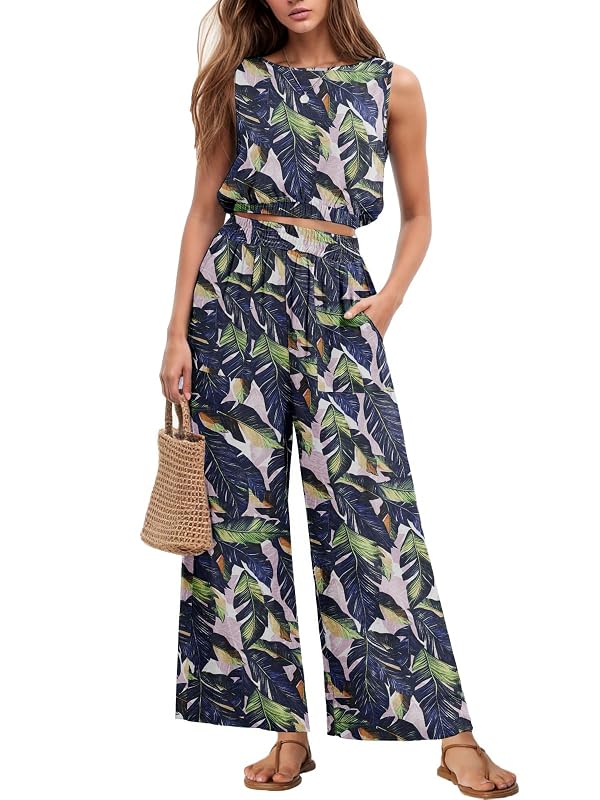 GRECERELLE Travel Outfits 2 Piece Set Women Summer Tropical Crop Top Pants by GRECERELLE - Used condition - US$29.90