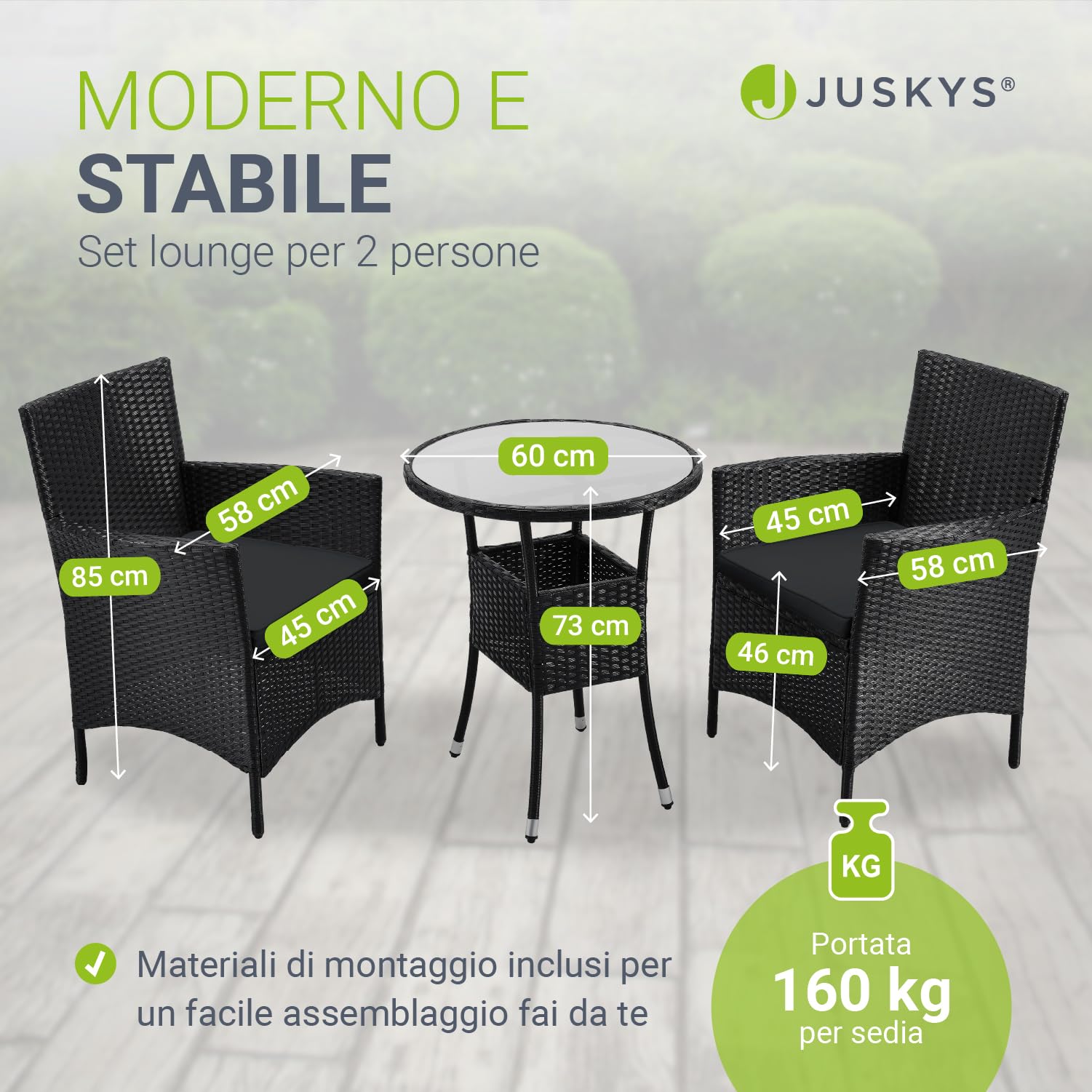 Juskys Polyrattan Set da balcone Bayamo 2 persone - Tavolo con piano in vetro & 2 sedie - Mobili da balcone resistenti alle intemperie - Cuscini lavabili - nero - grigio