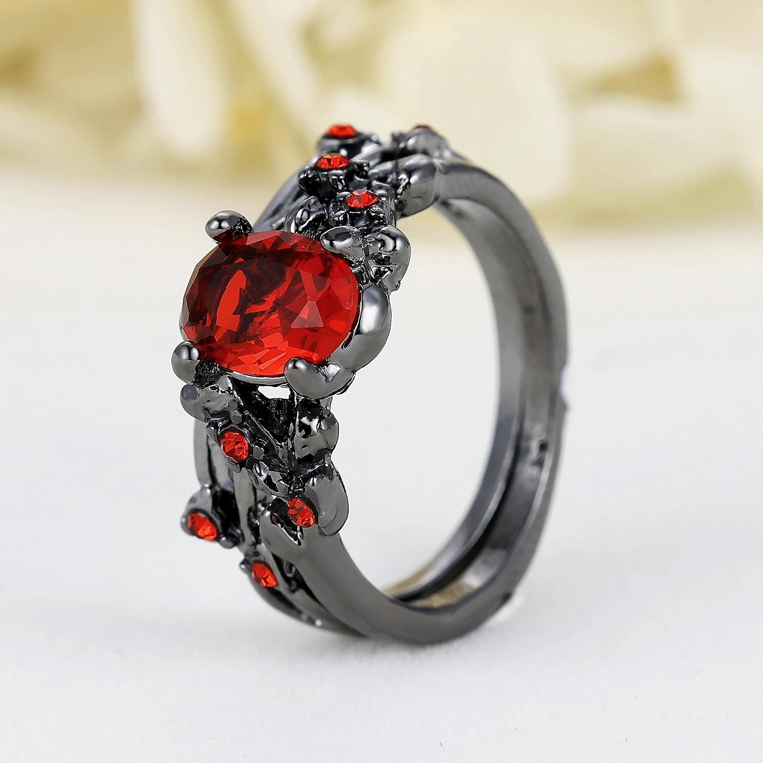 Bridal Wedding Ring Sets for Women Black Gold Plated Engagement Ring Red/Blue/Purple Zircon Art Deco Vine Leaf Promise Ring for Her Size 6-9