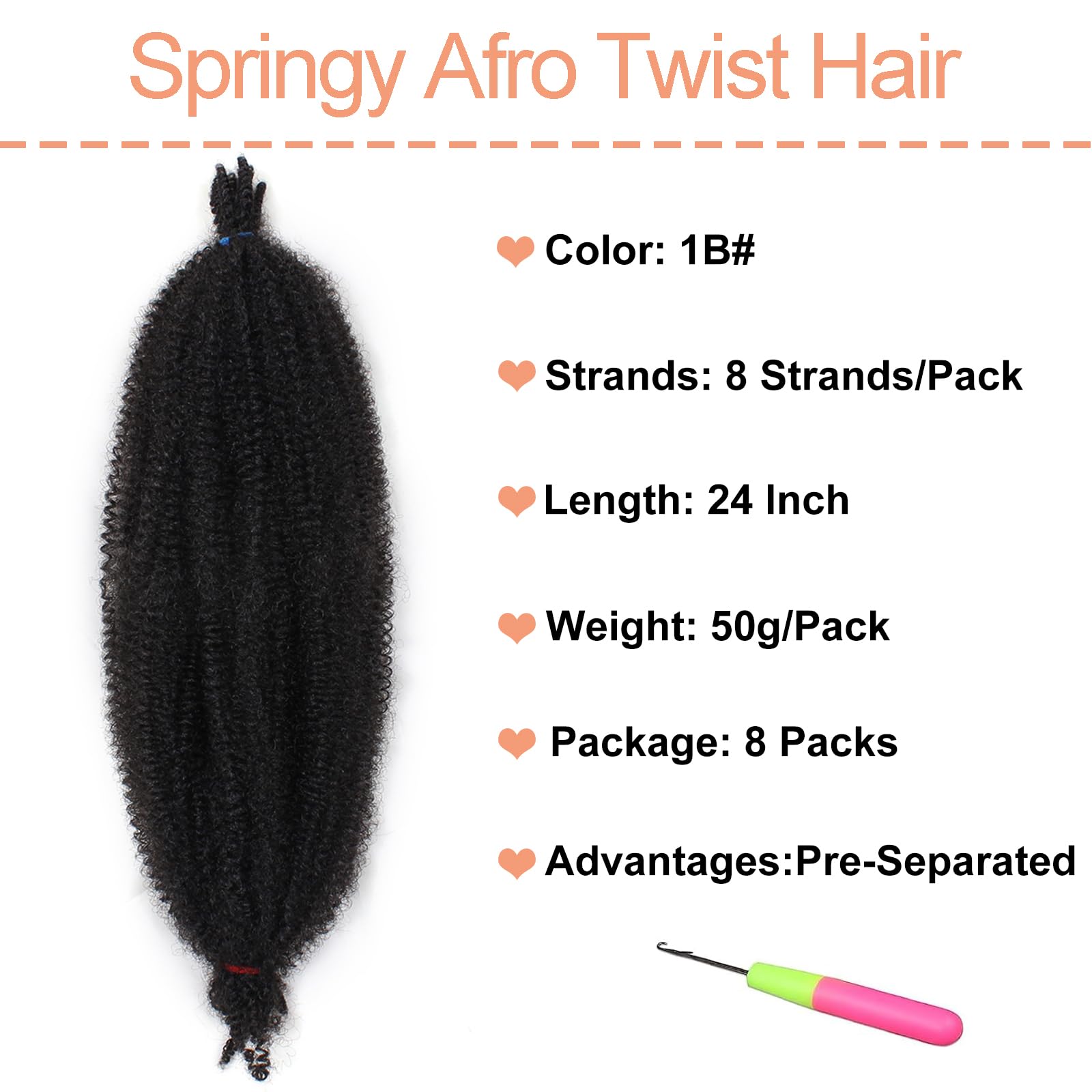 Mscat 24 Inch Pre-Separated Springy Afro Twist Hair 8 Packs Natural Black Marley Twist Crochet Braiding Synthetic Hair Extensions (8 Strands/Pack,1B#) - Image 2