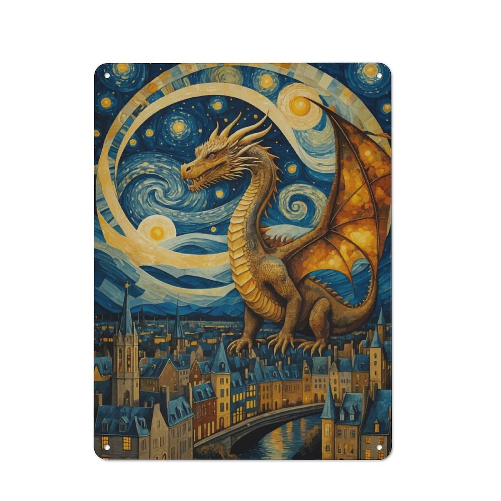 Junmoney Dragon Over Cityscape Retro Metal Plaque 40X30cm For Lounge Or Reading Corner, Suited To Lounge Decor Fans