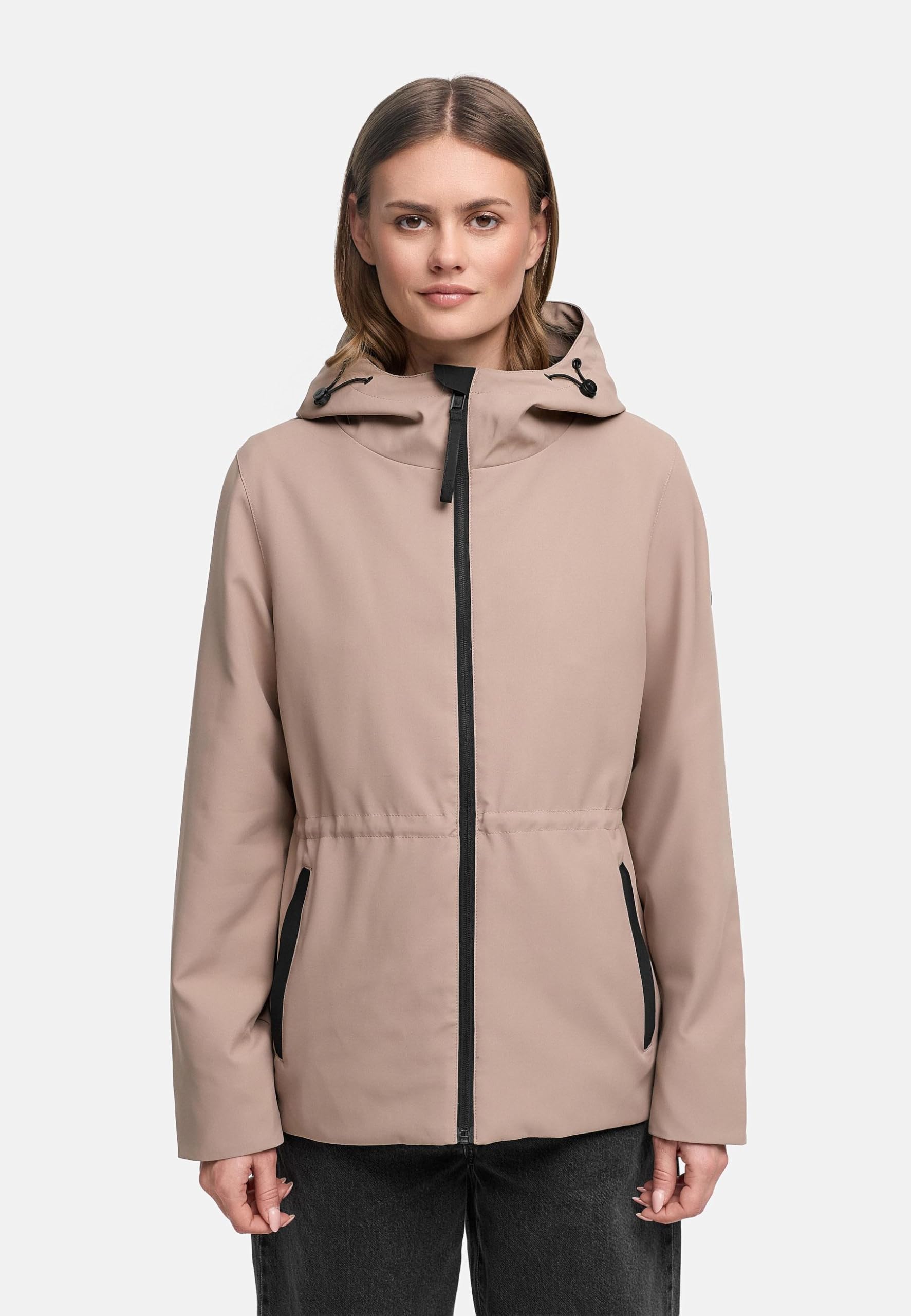 MARIKOO Damen leicht gefütterte Übergangsjacke kurze Jacke mit Taillenzugband und Kapuze Katzilein 16 XS-3XL