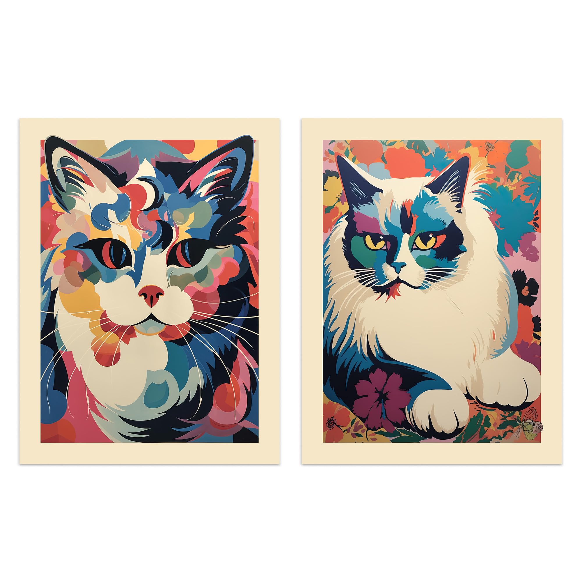 Set of 2 Prints Colourful Cats Multicoloured Moggies Pack of 2 A4 Poster Living Room Wall Art Prints