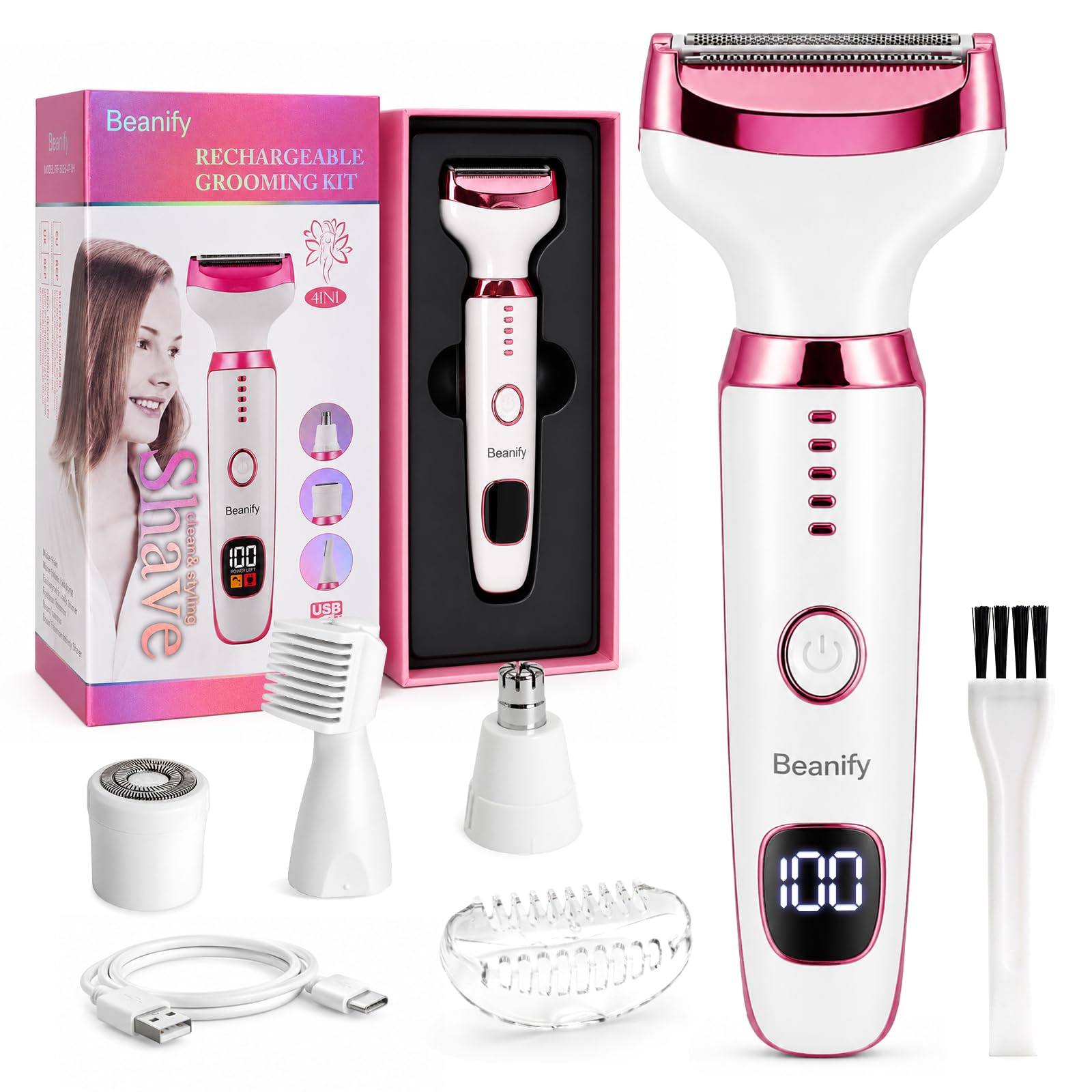 Afeitadora Eléctrica para Mujer con Pantalla LED, Afeitadora Femenina IPX7 Impermeable Uso Húmedo y Seco, Kit de Cuidado Eléctrico 4 en 1 Inalámbrico para Bikini, Rostro