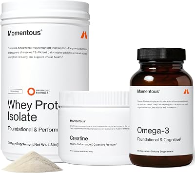 Momentous Three - Creatine Monohydrate Powder 30 Servings, Grass-Fed Whey Protein Powder Unflavored & Omega-3 Fish Oil 1600mg - Daily Essentials for Strength, Performance & Lean Muscle Recovery