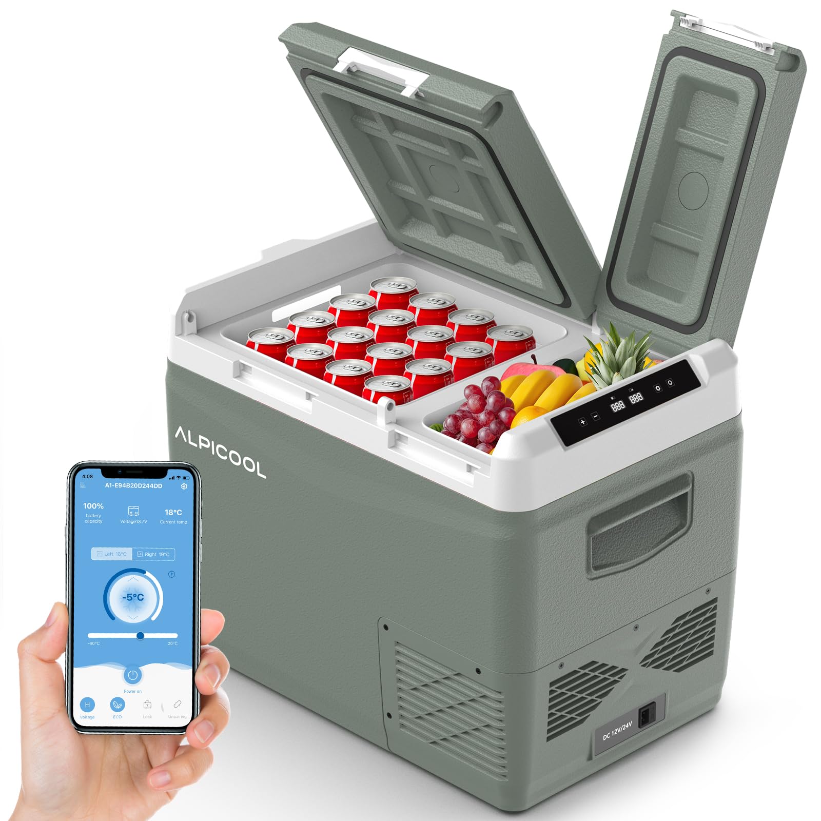 Alpicool KLS48 Frigoriferi per Auto 39L con APP, 2026 Doppia Zona Frigorifero Portatile Elettrico 12/24V DC 100~240V AC,-20℃-20 ℃,Frigo Portatile per Camion Barca Picnic,con Scomparto Ghiaccio,Verde