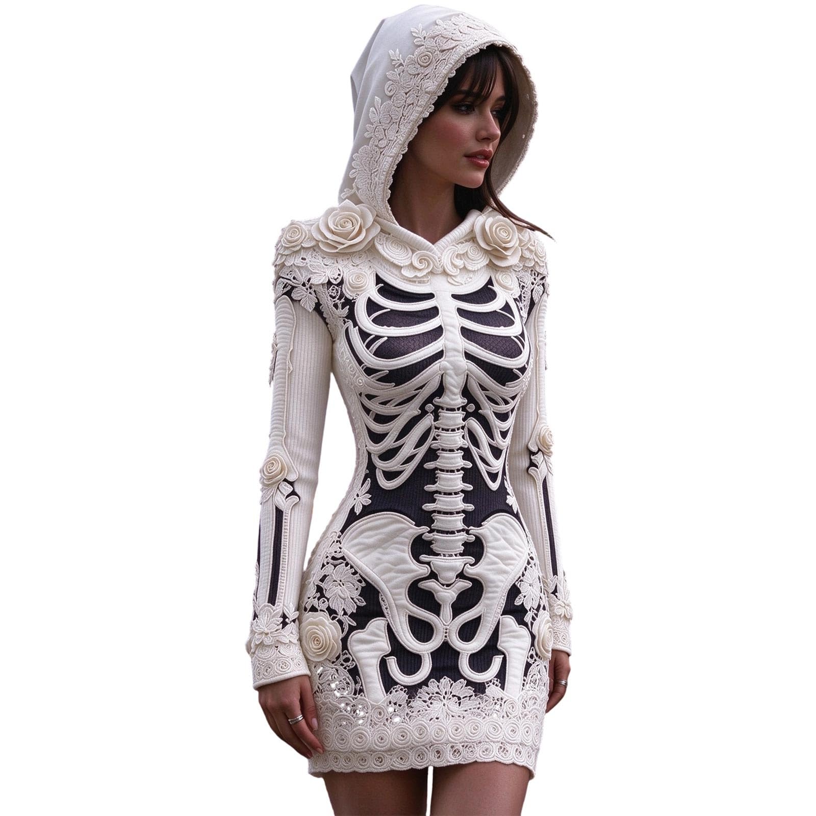 Halloween Dresses for Women UK Ladies Skeleton Print Maxi Dress Long Sleeve Halloween Costume Gothic Fancy Dress Costume Spooky Skeleton Printed A Line Long Gown Hooded Cape for Themed Party