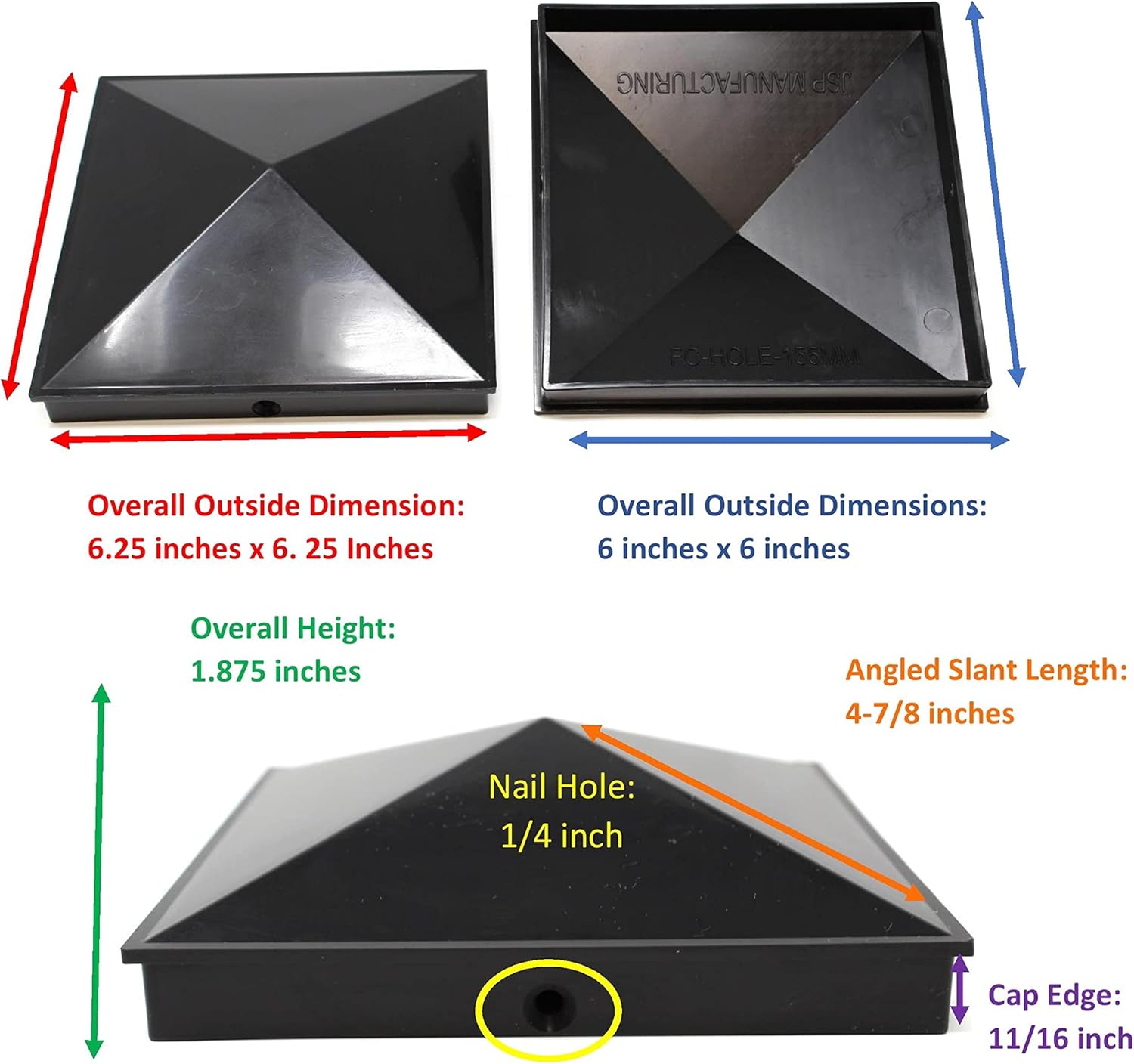 True 6x6 (155mm x 155mm) Plastic Pyramid Vinyl Fence Post Cap with Pre-Drilled Hole Black or White Multiple Quantities for True Actual 6" x 6" Vinyl Posts (6, White)