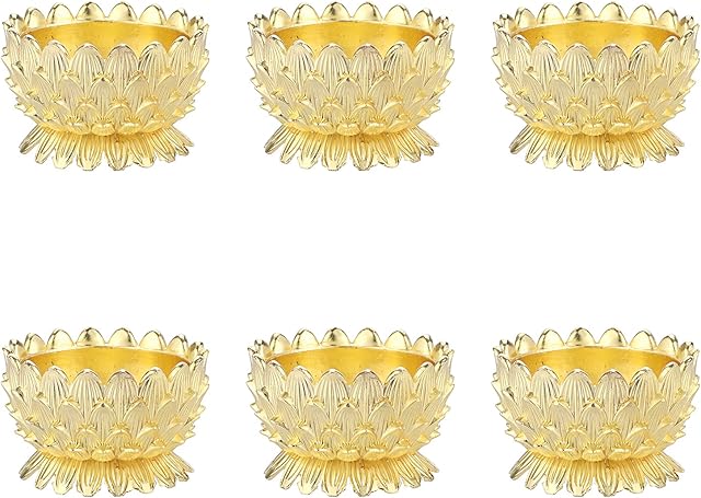 BSTKEY Set of 6 Metal Lotus Tea Light Candle Holders, Decorative Ghee Oil Lamps Holder, Votive Candle Holders, Butterlamp Holder for Altar Supplies, Gold