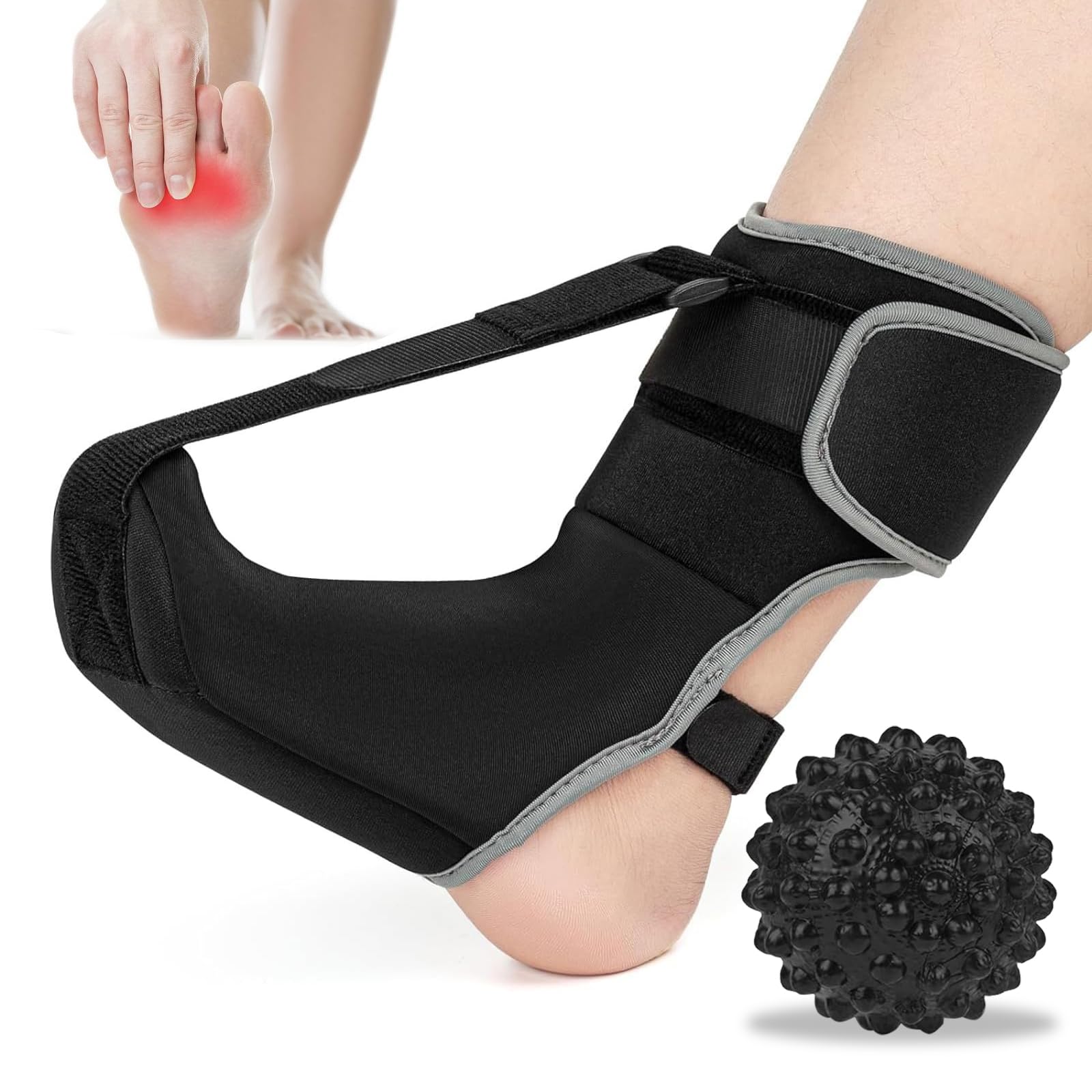 Attelle De Nuit Pour Fasciite Plantaire avec Balle de Massage à Picots Respirante Orthèse Améliorée Soulagement de la Fasciite Plantaire Tendinite d'Achille (Black)