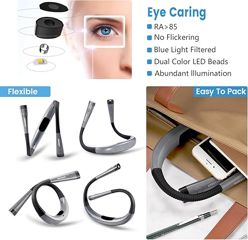 Miniatura 4 de Glocusent - Luz de lectura para el cuello 3 colores 6 niveles de brillo brazos flexibles recargable larga duración perfecta para leer en la cama