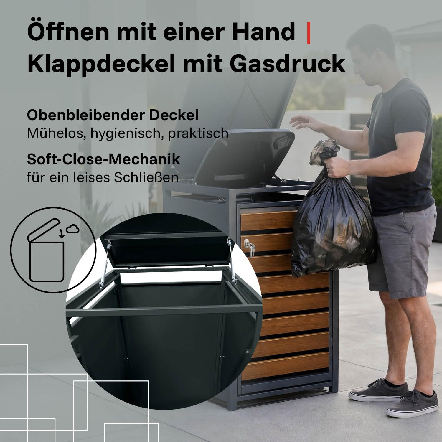 LagerZwei Mülltonnenbox 240 L I Wetterfeste, abschließbare Mülltonnenverkleidung I Müllbox aus Stahl, pulverbeschichtet I Automatikdeckel mit Gasdruck I Holz, 116 x 80 x 68 cm