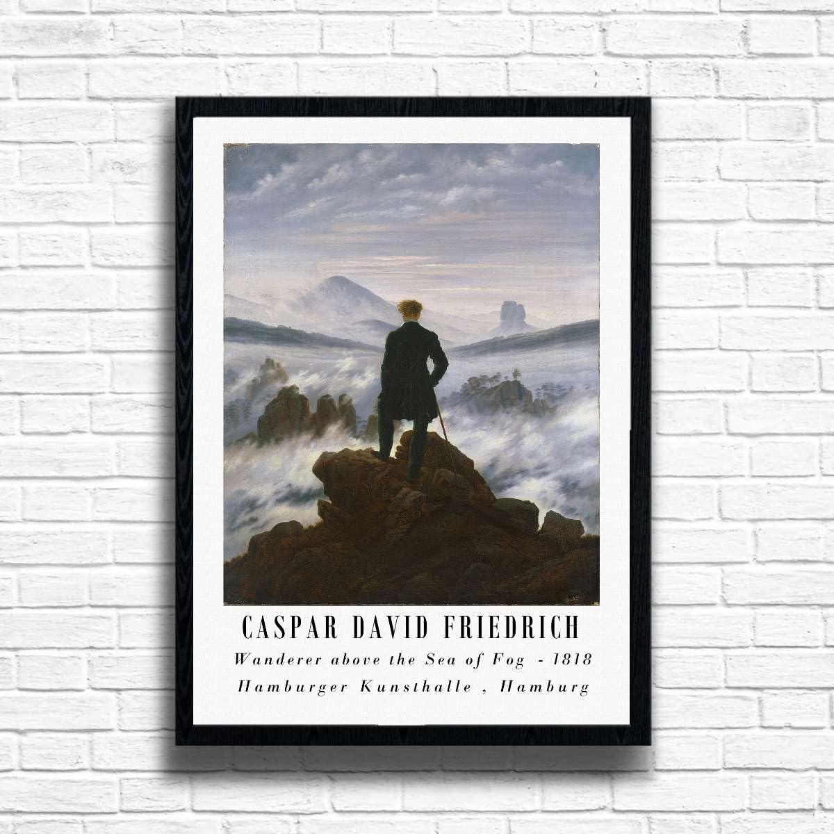 Caspar David Friedrich - Wanderer Above the Sea of Fog Poster print, Famous classic paintings, Iconic painters art work, A4 A3 Decoration Wall Art Deco, Frame options available (A3 Framed (Black))
