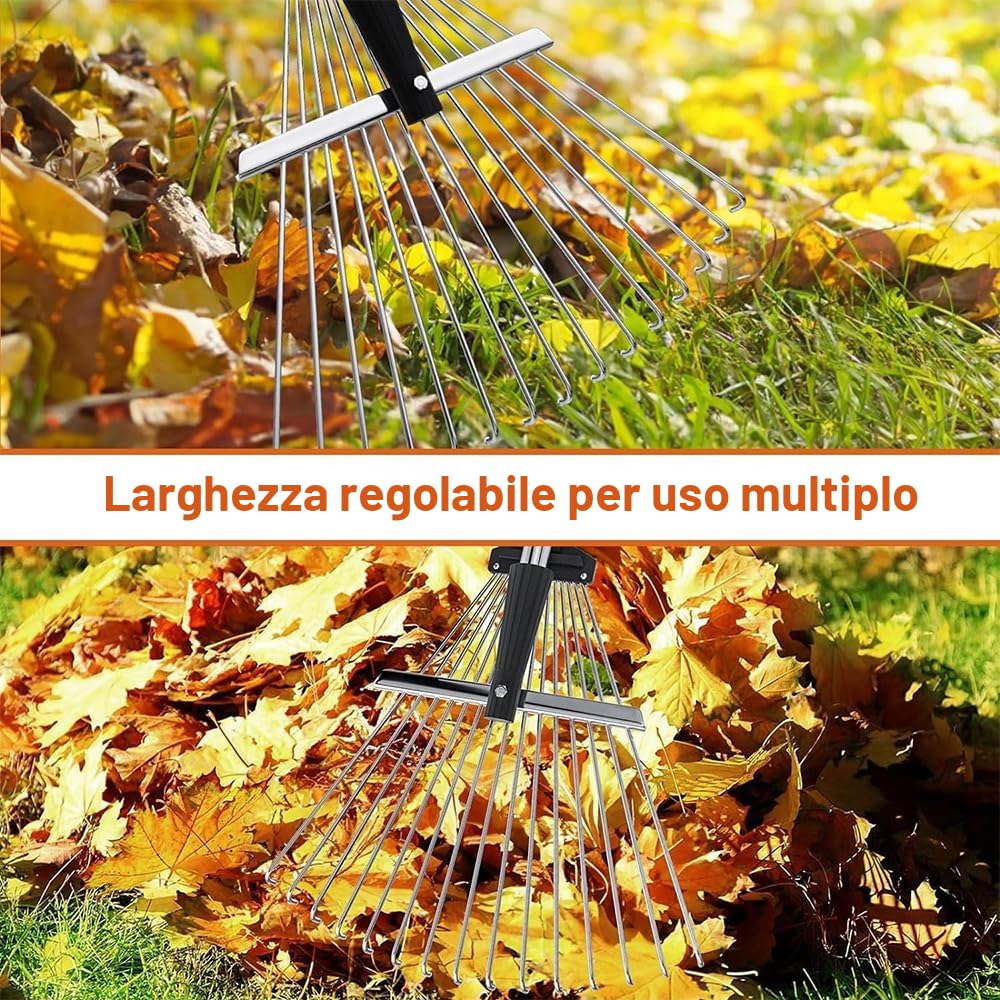 Rastrello Foglie con Manico,215,Rastrello Foglie acciaio,Scopa da Giardino per Foglie Rastrello con Manico,Rastrello per la Pulizia di Piante, Prati e Cortili